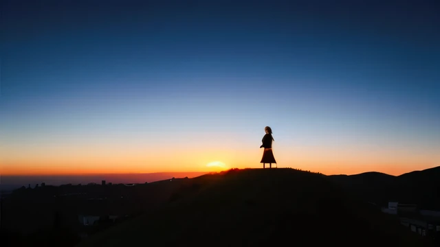 at dusk、Around 50 people standing on a hill looking at the mountain scenery, While watching the sunset, Watch the sunset, stare at the horizon, silhouette over sunset, lone silhouette in the distance, at duskに, Watch the sunsetいる女の子, stare into the distance, stare at the horizon, silhouette :7, While watching the sunset, sunrise