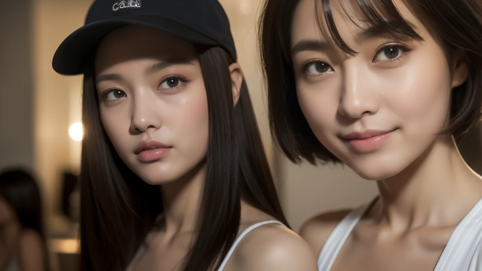 8K, masterpiece, highest quality, photo-realistic, Super detailed, 2 girls, Asian, sports body, wearing a cap,realistic skin texture, 1 girl long hair, 1 girl with short hair, (chest:1.0), (smile:0.9), look at the viewer, Tube top, movie lighting, face focus, fine eyes, detailed face, bright face, dawn, Inside the cafe, 
