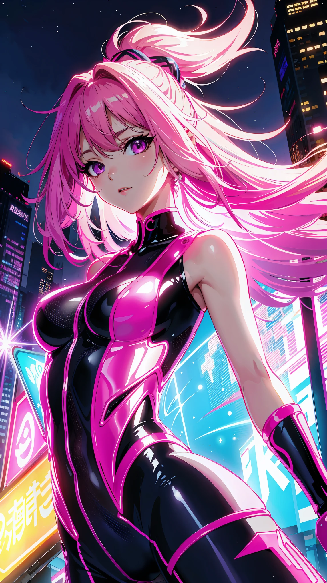 (highest quality、4k、8K、High resolution、masterpiece:1.2)、Super detailed、(anime style、realistic:1.37)、girl wearing neon clothes、neon light、bright colors、Shining atmosphere、futuristic fashion、shiny fabric、neon sign、lively streetscape、confident pose、vibrant energy、nightlife feeling、 dynamic movement、creative patterns、Intense saturation、edgy style、kaleidoscope reflection、Fashion Forward、fluorescent light