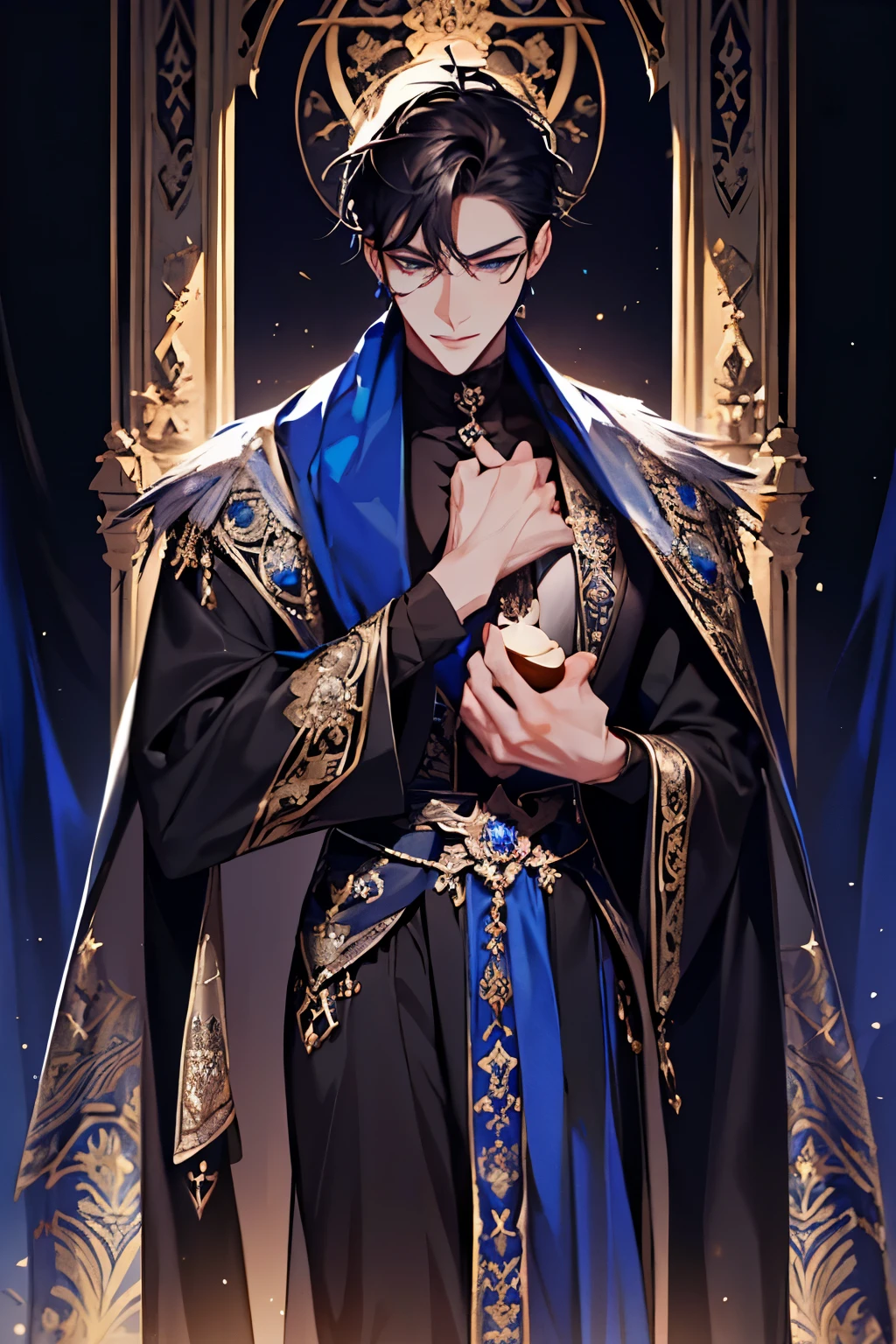 a close up of a person wearing a cape and a cape, wearing fantasy formal clothing, full body, beautiful androgynous prince, ((wearing aristocrat robe)), delicate androgynous prince, regal dark blue clothes, silver brocaded dark blue clothes, costume with blue accents, dark ornate royal robes, imperial royal elegant clothing, elegant cape, royal cape, fur coat, black hair, blue eyes, absurderes，A high resolution，ultra - detailed），1 person，Adult，handsome，tall and muscular boy，a broad shouldered，detailed 25 year old male face, Fine and detailed eyes and detailed face，Short black hair，Onyx-colored eyes，fanciful，shadow effect, flame，Divine brilliance，