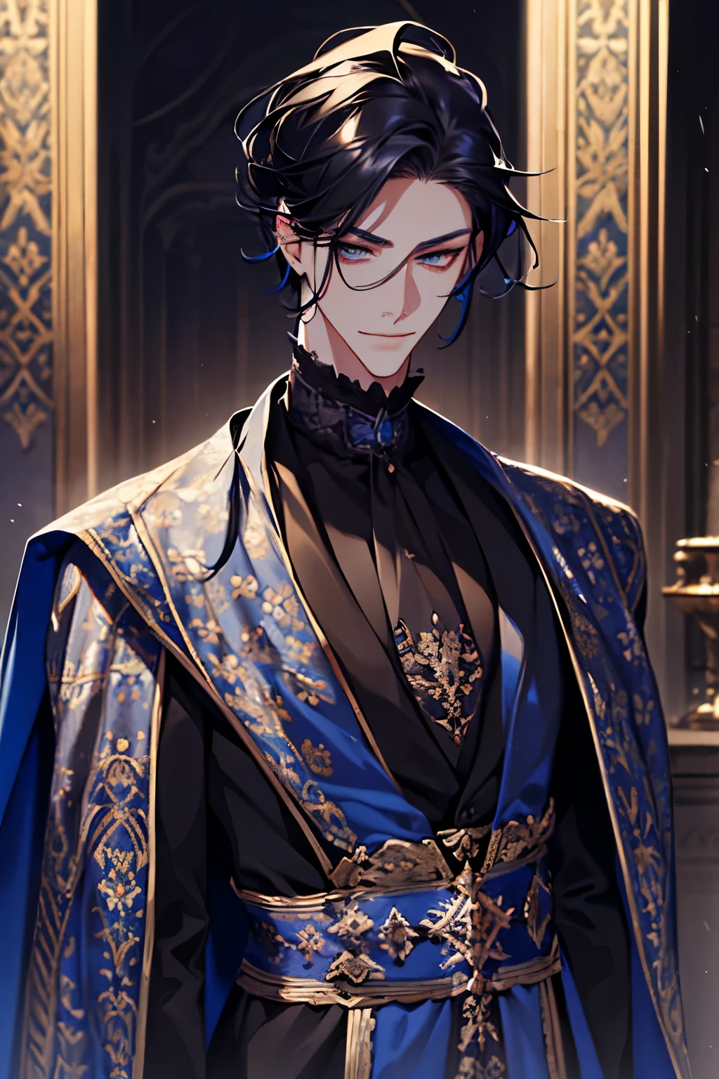 a close up of a person wearing a cape and a cape, wearing fantasy formal clothing, full body, beautiful androgynous prince, ((wearing aristocrat robe)), delicate androgynous prince, regal dark blue clothes, silver brocaded dark blue clothes, costume with blue accents, dark ornate royal robes, imperial royal elegant clothing, elegant cape, royal cape, fur coat, black hair, blue eyes, absurderes，A high resolution，ultra - detailed），1 person，Adult，handsome，tall and muscular boy，a broad shouldered，detailed 25 year old male face, Fine and detailed eyes and detailed face，Short black hair，Onyx-colored eyes，fanciful，shadow effect, flame，Divine brilliance，