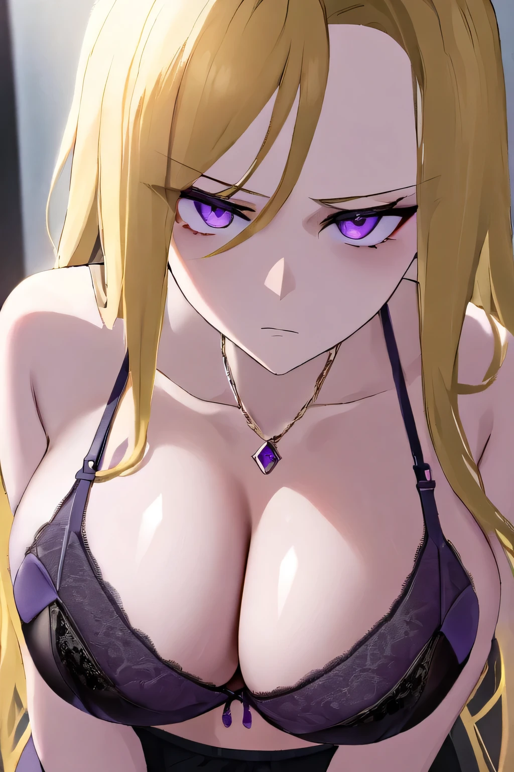 kelolinde,1girl,jewelry,breasts,skirt,solo,shirt,bra,cleavage,pantyhose,necklace,looking at viewer,holding,black bra,long hair, yellow hair, purple color eyes, detail face, detail hair, detail eyes, detail bra,grumpy face