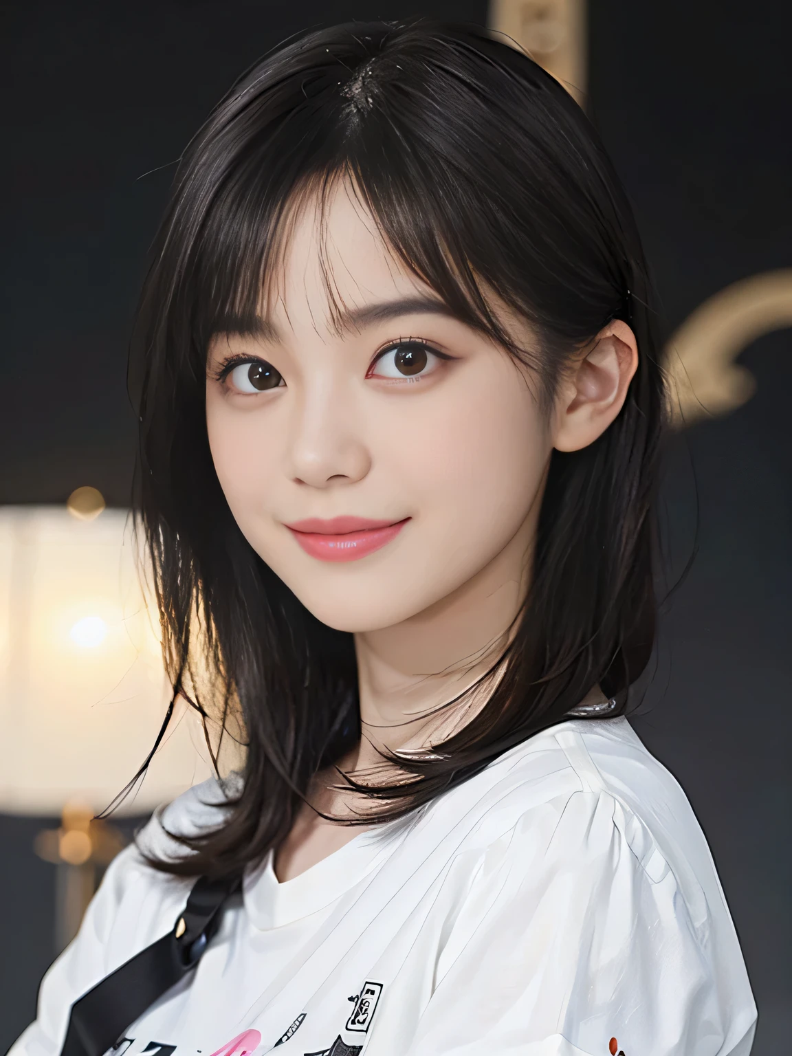 ((1 female)), (((black short hair))), (Masseter muscle part:1,3)、highest quality、masterpiece、High resolution、original、highly detailed wallpaper、jeans、big ribbon, small face、((chest bulge))、(Graphic T-shirt with animal characters printed on it)、(light shines on your face)、Live-action style, beautiful features, dark room, full shot, full length、smile、beautiful teeth