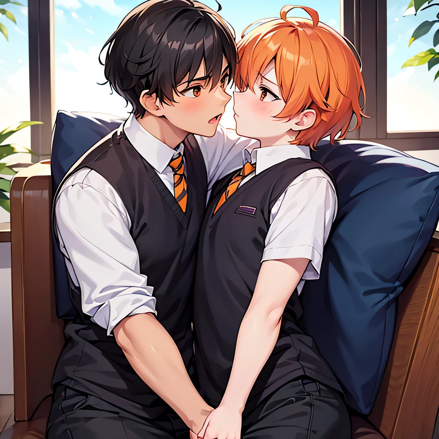 ((best quality)), ((masterpiece)), (detailed), perfect face, 2 boys, gay couple, one boy with dark black hair and dark brown eyes and is tall and handsome, looks fierce and bold, tsundere, very tall, hot and other boy has orange hair and orange eyes and is cute adorable and is bubbly and shorter, short height, , blushing looks like innocent and shy, they are in love, kawaii, kissing, kissing lips, kissing on lips gay couple, bl couple, yaoi, 4k ultra anime quality, anime ARTSTYLE, bl yaoi, hugging, 4k anime art style, cute, bl ARTSTYLE, bl manga