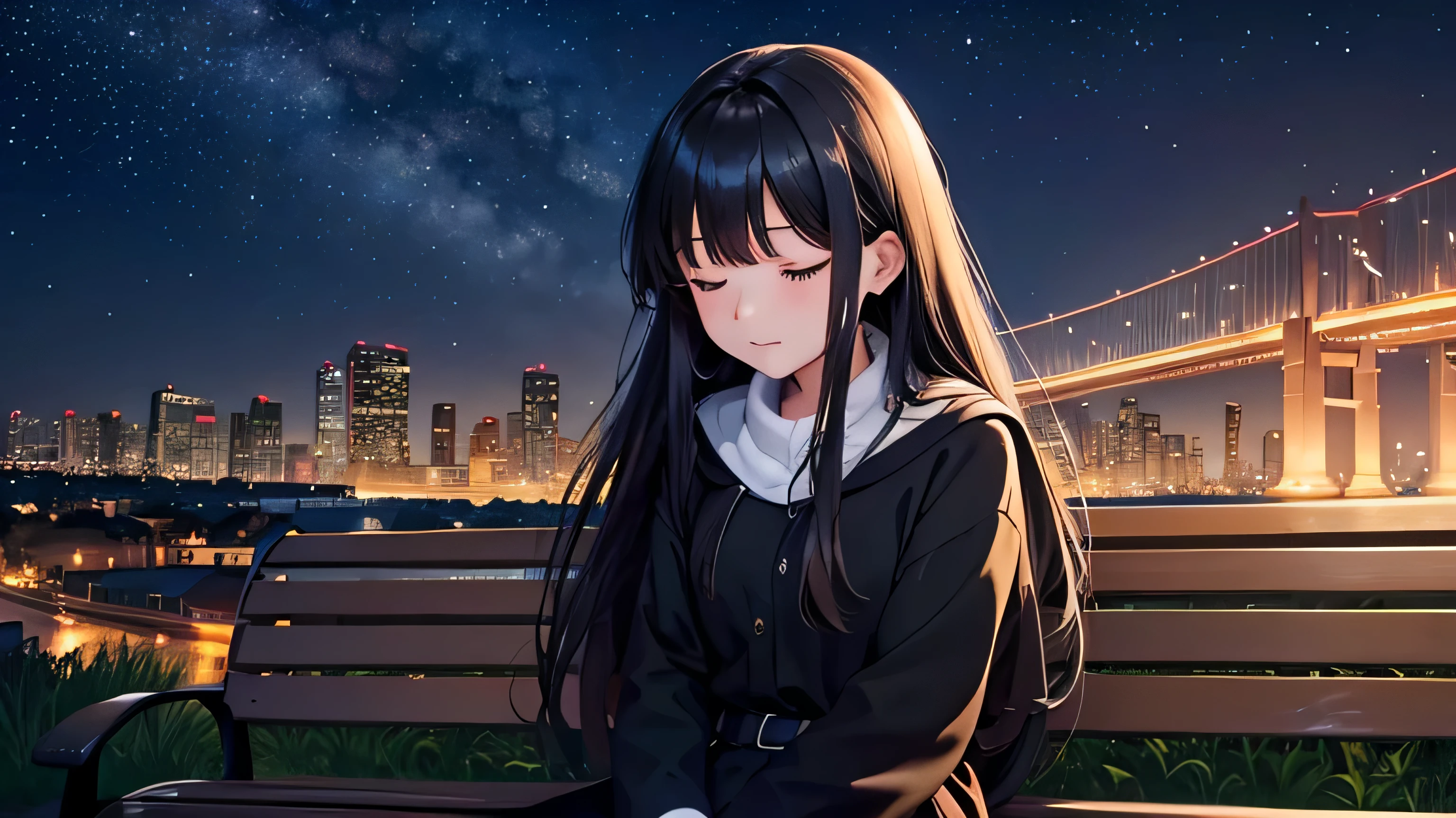 Generate an image of a girl with long black hair, sitting alone on a park bench atop a small hill, holding a book and sleeping. The town lights are on, offering a view of the cityscape below. Above, a starry sky is visible, and her hair is gently swaying in the wind.