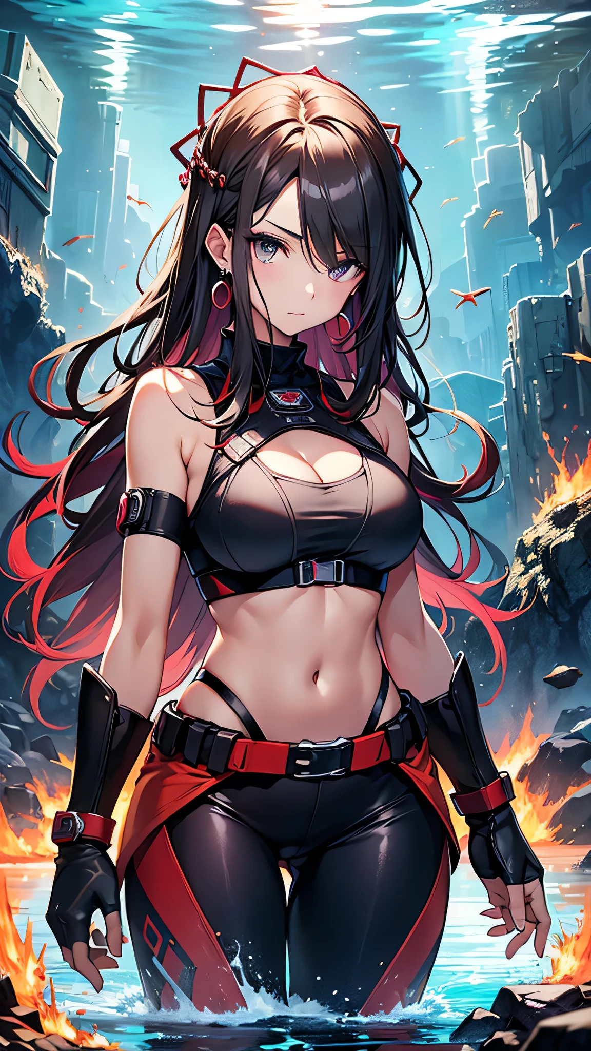 最high quality、best image quality、masterpiece、girl((20-year-old、 By becoming、vest bust、medium bust,wide open breast tea、shining eyes, water hair、long hair、thin,highest valley、red sports bra、Red sports pants,Ruby Earrings、Wristband、black gloves、seductive pose)),high quality、beautiful art、background((inflammation、volcano、magma、eruption、meteorite))、Flight、debris flies、Depth of written boundary、movie、visual art、perfect art、8K,genuine、underwater art、anime style