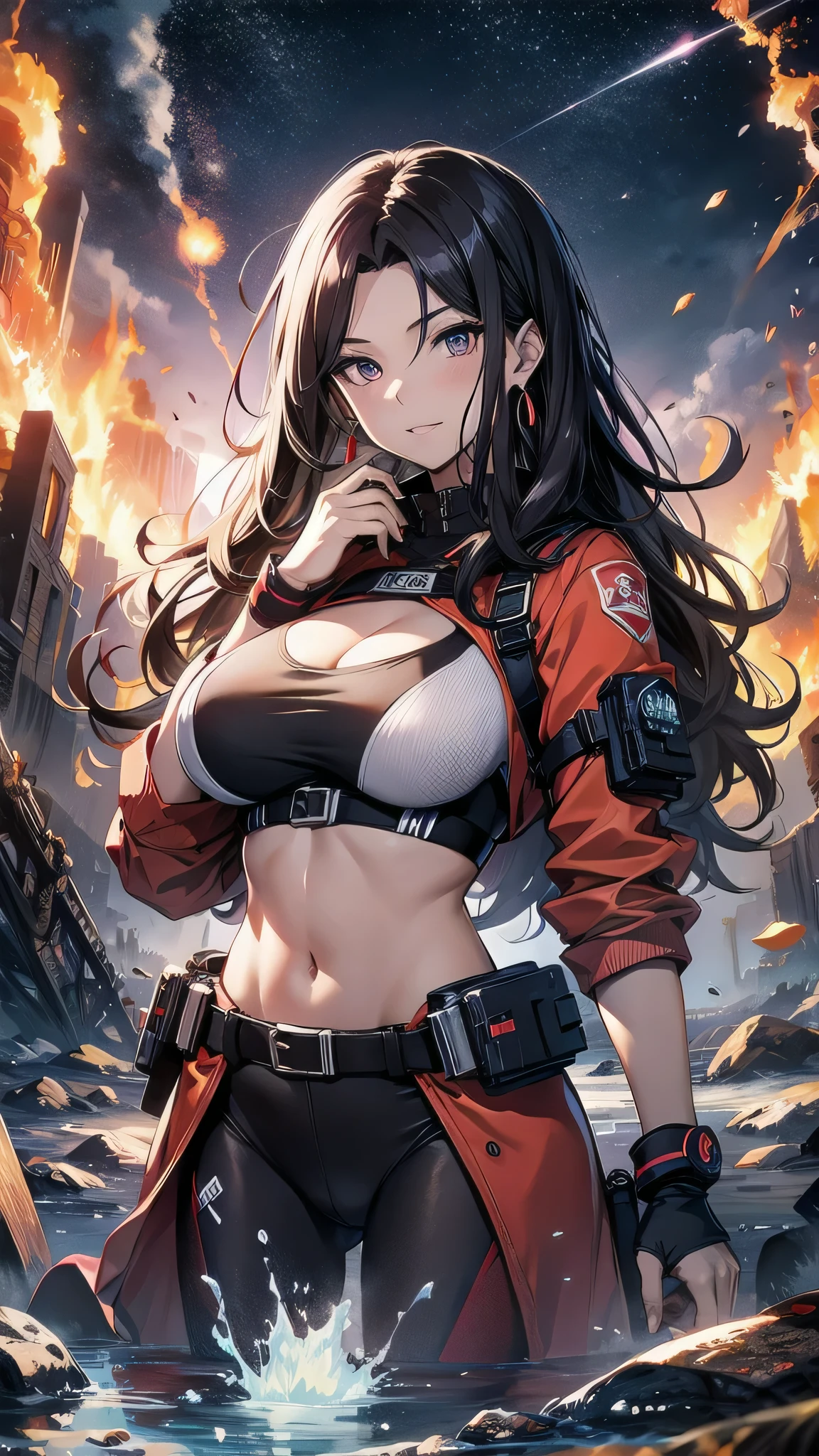 最high quality、best image quality、masterpiece、girl((20-year-old、 By becoming、vest bust、medium bust,wide open  tea、shining eyes, water hair、long hair、thin,highest valley、red sports bra、Red sports pants,Ruby Earrings、Wristband、black gloves、seductive pose)),high quality、beautiful art、background((inflammation、volcano、magma、eruption、meteorite))、Flight、debris flies、Depth of written boundary、movie、visual art、perfect art、8K,genuine、underwater art、anime style