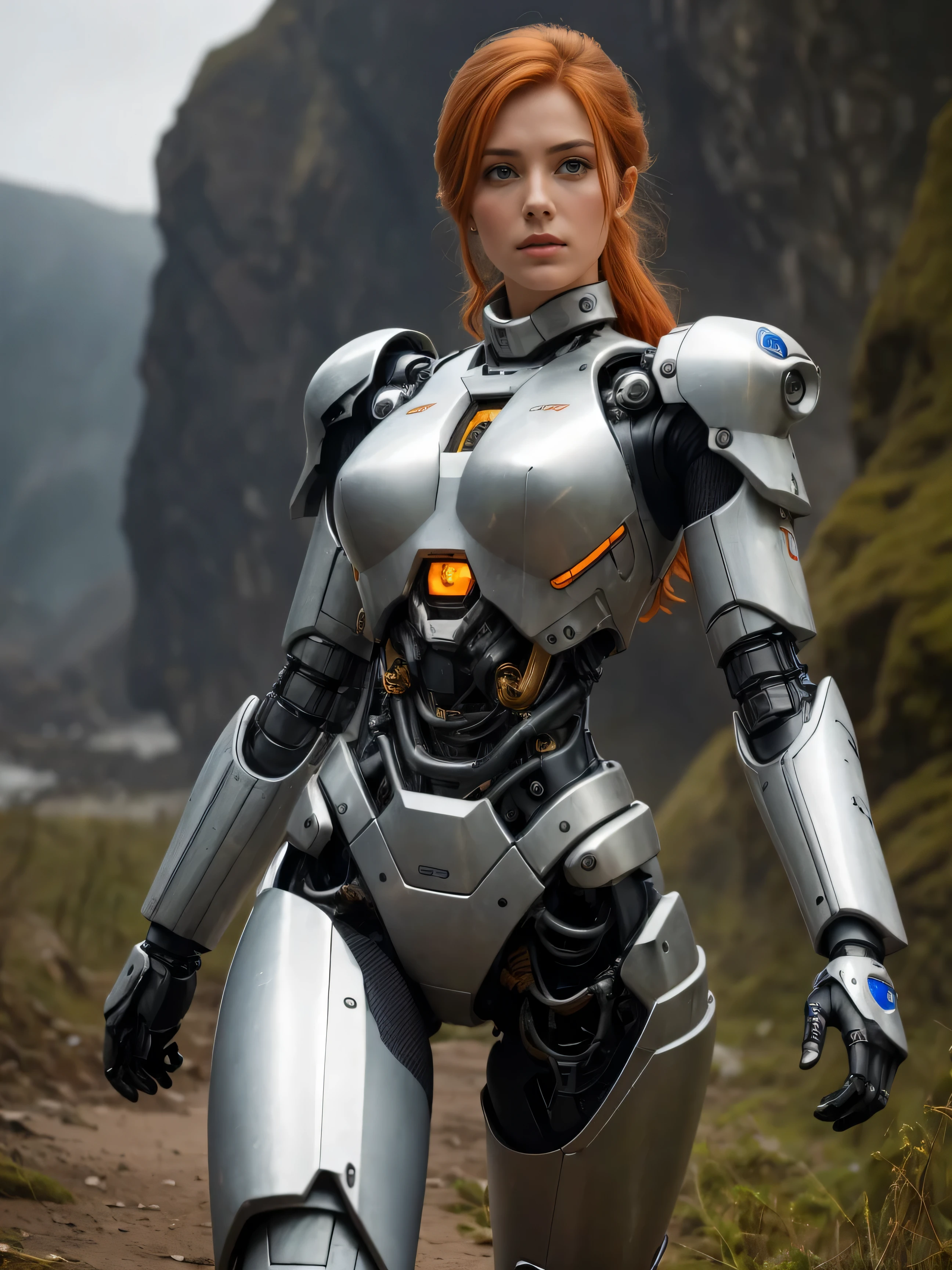 ginger hair, ((masterpiece, highest quality, Highest image quality, High resolution, photorealistic, Raw photo, 8K)), Abandoned robot soldier on battlefield, broken and immobile, rust and moss showing passage of time, female cyborg body, female body, biomechanical , extra detailed body, blowjob white mech, white biomechanical details, detailed body, shiny white armor, cybernetic body, eva unit-00 on back, full body details,
