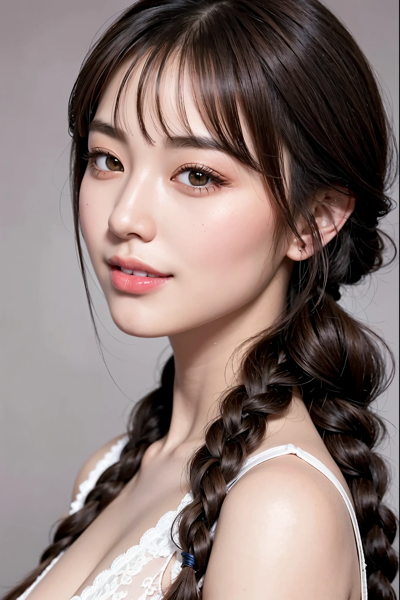 Realistic, masterpiece, highest quality, highest resolution, one japanese woman, A happy smile, beautiful detailed eyes, black eyes, thin eyebrows, Make your eyelashes delicate, false eyelashes, natural makeup, (braid hair, blunt bangs, brown hair:1.2), detailed face, He looks slightly to the side, but is always looking at the viewer., simple design red color shirt, upper body photo, portrait background, simple design accessories