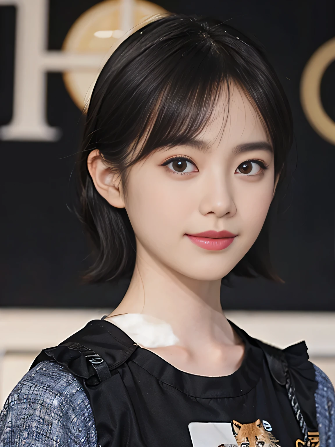((1 female)),  (((black short hair))), （Masseter muscle part：1,3）、highest quality、masterpiece、High resolution、original、highly detailed wallpaper、jeans、big ribbon, (slight smile)、small face、((chest bulge))、(Graphic T-shirt with animal characters printed on it)、(light shines on your face)、Live-action style, beautiful features, dark room, full shot, full length