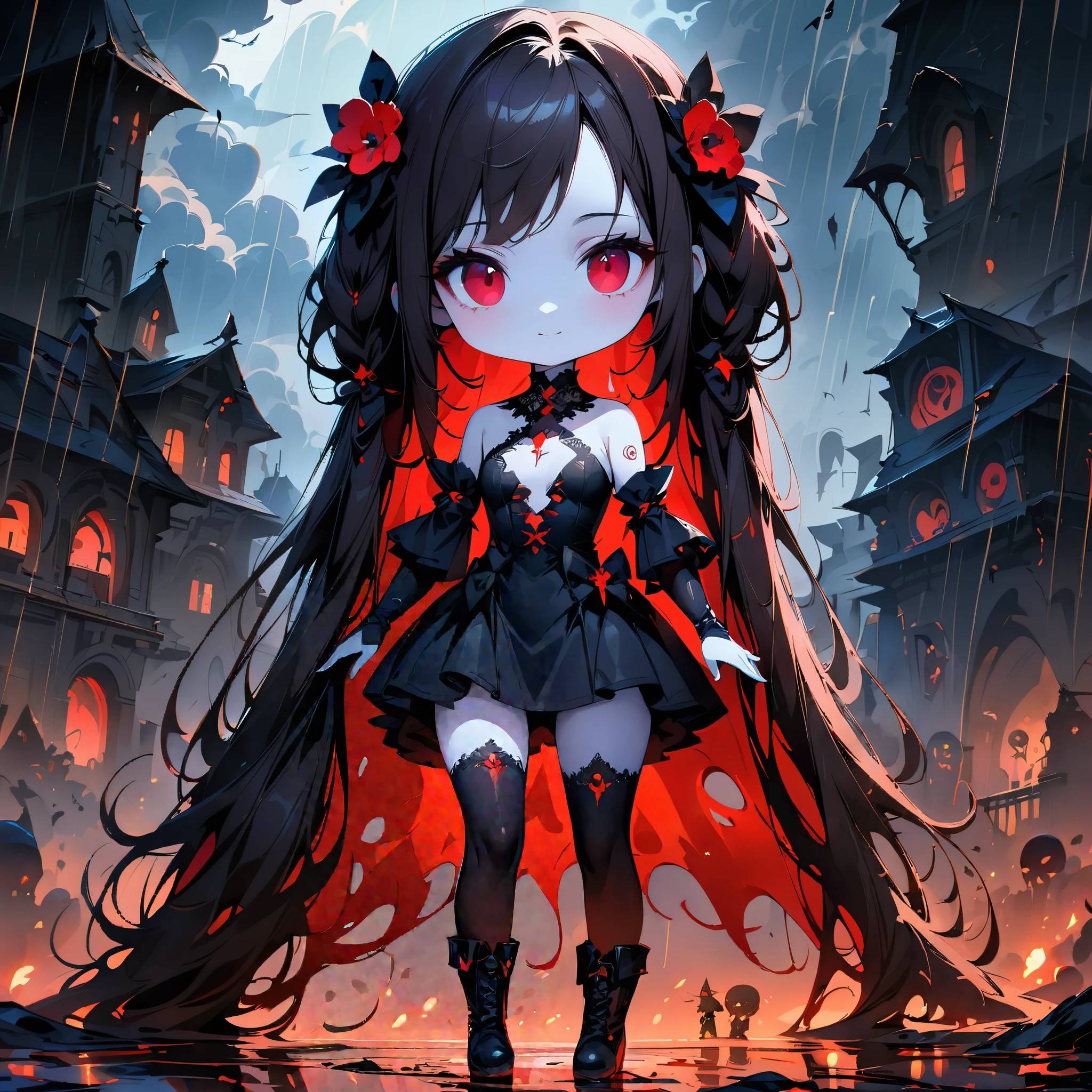 (((Create one girl 16+ years old.), (close-up), (stands all tall)), ((Dark and mysterious), (Night, rain blood, gothic anime girl)))_(((Gothic unusual masterpiece art)),((ominous clouds, hauntingly beautiful, ethereal moonlight, eerie shadows))_(((Little ****, miniature, chibi, full-length)),((miniature-graceful body, full-length - standing) , (beautiful figure, half-turn)_(16+ years)))_(((Cute girl, small peach breasts, graceful figure, narrow waist, smooth hips)),((long double braids),(tight braids) , (braided hair),(dark hair)),((red lips)), ((smile)))_ ((((Shiny skin:1.5, white skin, light skin: 1.5)),((sexy), (erotic),(cute, kawaii)(nsfw)))_(((Bare shoulders, black lace dress)),(((black chiffon dress, very short dress, tight-fitting), (black), (sheer lace dress) ),((stands almost completely naked, tattoos)))_(((Arms in elbow pads, palms in tactical gloves),(bare thighs, stomach)),((legs in combat knee pads, thigh-high stockings)), (( chunky leather lace-up boots)))_(((Impressive artistry, exquisite details, gothic architecture, dramatic lighting, vibrant red hues, ominous figures, strange symbols, surreal elements))_((Strong contrasts, eerie, artistic masterpiece, detailed textures, dark color palette, foreboding horror), (alien flowers, skulls))_((Digital painting, anime style, cyberpunk), (best quality, 4k, high resolution, masterpiece: 1.2)),((ultra detail)) ,((realistic, photorealistic, photorealistic: 1.37)))_(((Soft clear shapes, broad strokes, attention to detail)))_(((High quality, 16K | Ultra HD | Full HD))).