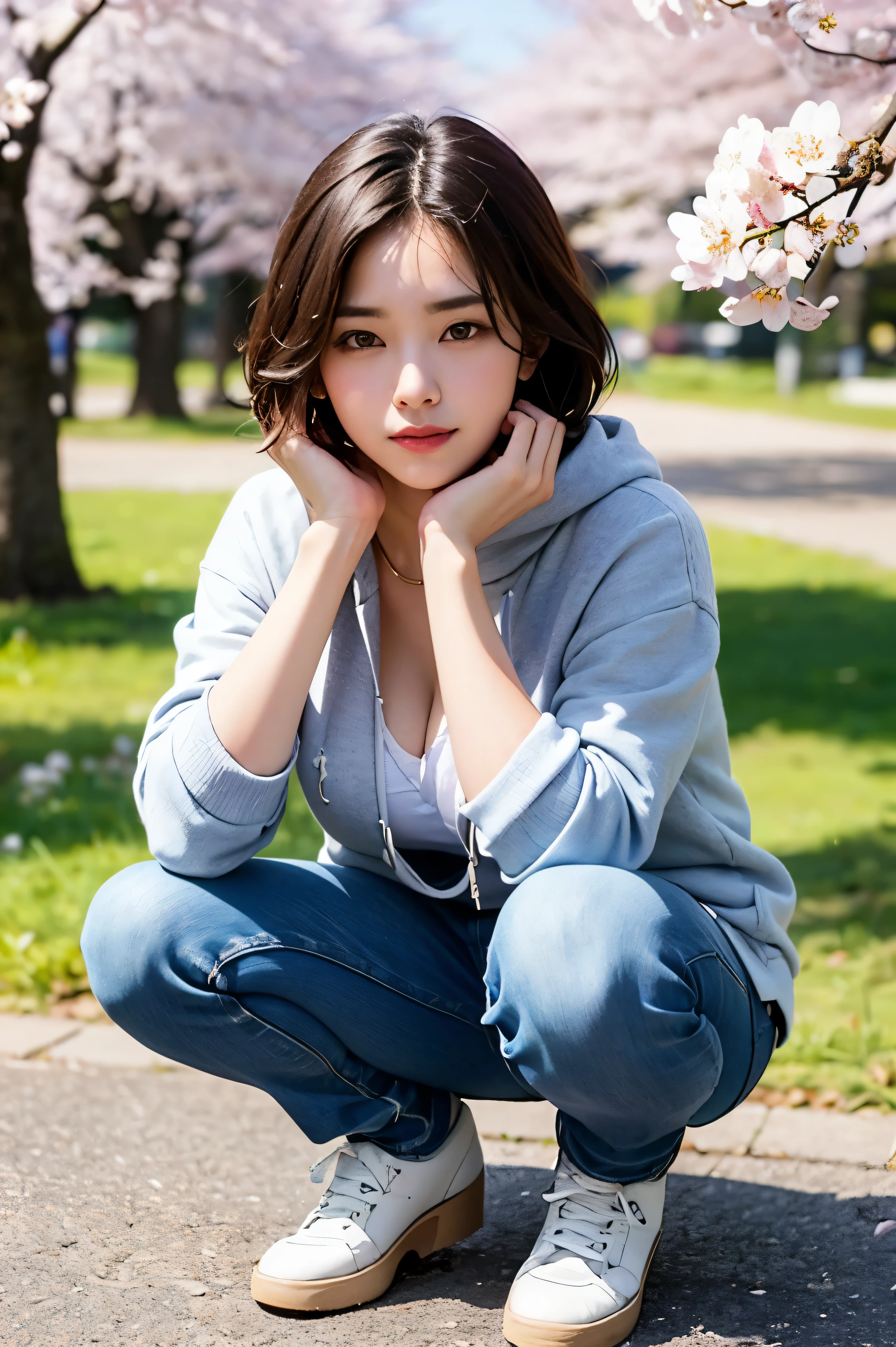 ((highest quality)), ((masterpiece)), (be familiar with), perfect face, (beautiful eyes), ((Put your hands on your chin)), short hair, blonde, plump breasts, hoodie, jeans, (squatting down), Clear skies, garden, ((Cherry blossoms in full bloom in the background))