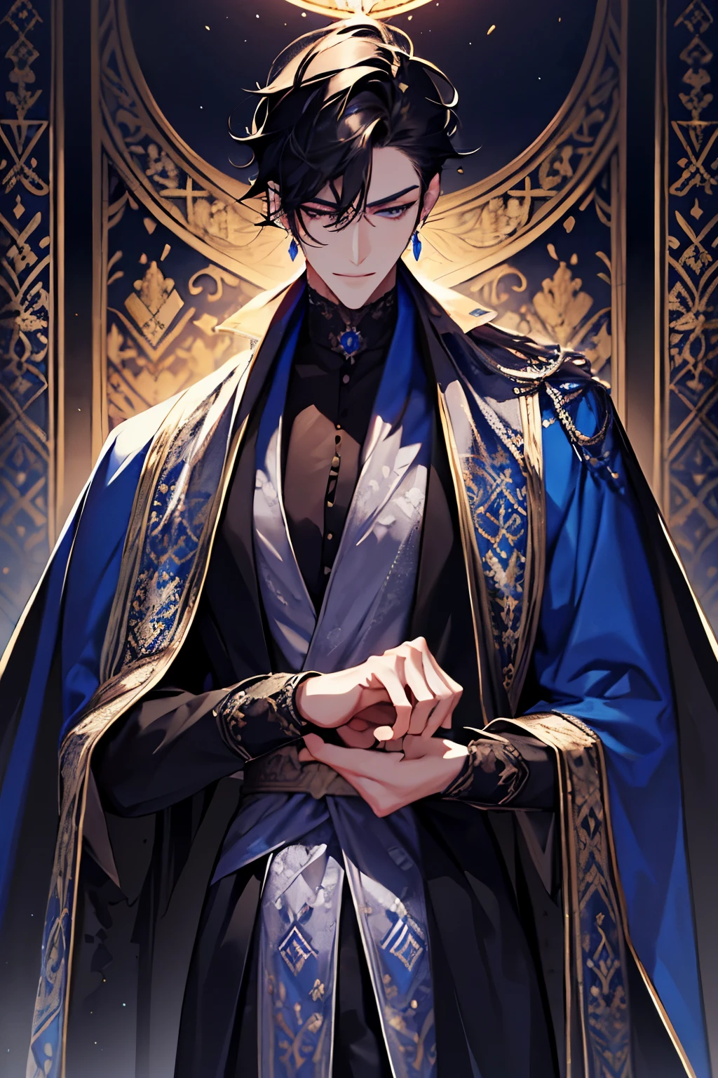 a close up of a person wearing a cape and a cape, wearing fantasy formal clothing, full body, beautiful androgynous prince, ((wearing aristocrat robe)), delicate androgynous prince, regal dark blue clothes, silver brocaded dark blue clothes, costume with blue accents, dark ornate royal robes, imperial royal elegant clothing, elegant cape, royal cape, fur coat, black hair, blue eyes, absurderes，A high resolution，ultra - detailed），1 person，Adult，handsome，tall and muscular boy，a broad shouldered，detailed 25 year old male face, Fine and detailed eyes and detailed face，Short black hair，Onyx-colored eyes，fanciful，shadow effect, flame，Divine brilliance，