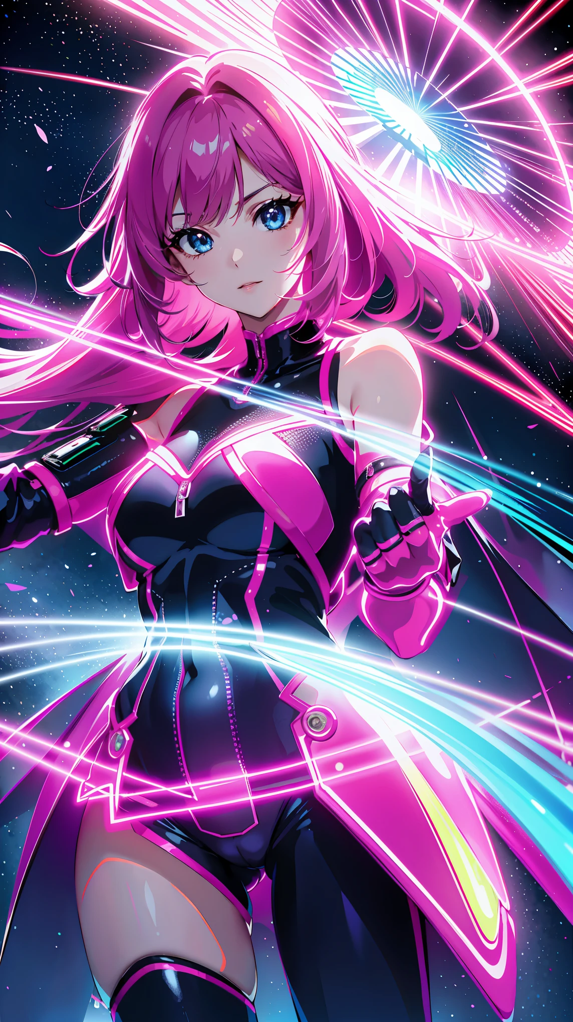 (highest quality、4k、8K、High resolution、masterpiece:1.2)、Super detailed、(anime style、realistic:1.37)、girl wearing neon clothes、neon light、bright colors、Shining atmosphere、futuristic fashion、shiny fabric、neon sign、lively streetscape、confident pose、vibrant energy、nightlife feeling、 dynamic movement、creative patterns、Intense saturation、edgy style、kaleidoscope reflection、Fashion Forward、fluorescent light