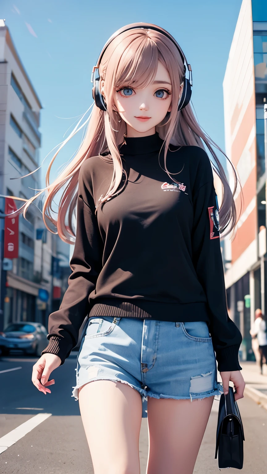 beautiful anime girl in modern clothes with headphones, high detail, watercolor anime