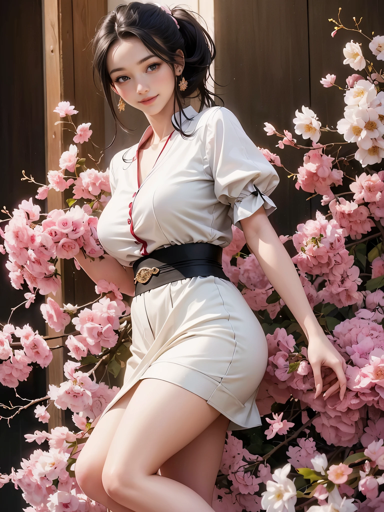(highest quality, 8k, High resolution, realistic:2.0), (((alone, one girl)))、I am Japanese、cute idol、singer、22 years old、Like an angel in a white dress、 use pink glossy lipstick,eye swelling、(girl with big beady eyes:1.5)、((round face, smile, big breasts,big ))、flushed complexion、Cute whole body pose、ponytail、