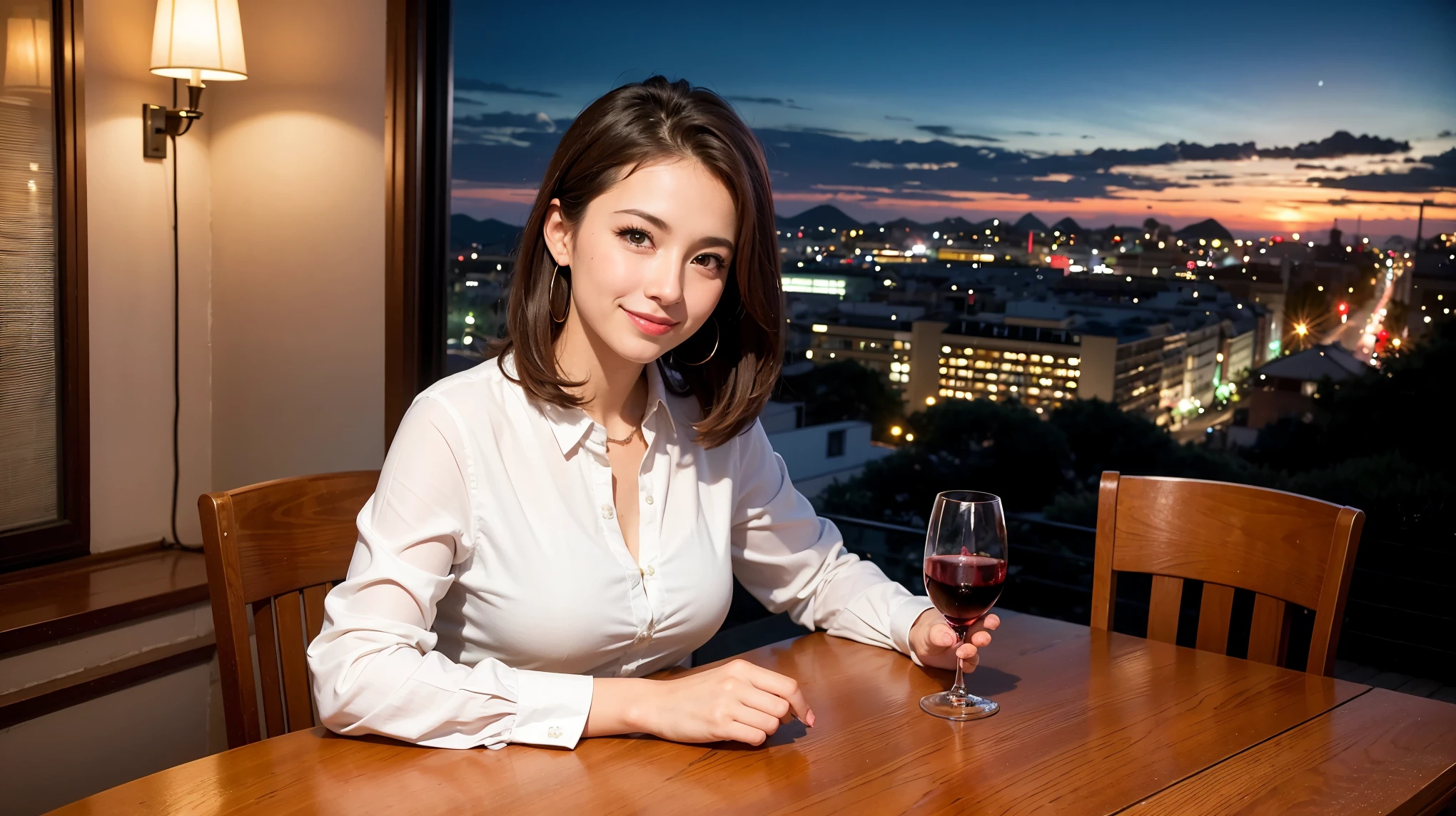 K, Hmm, highest quality, masterpiece: 1.2), (realistic, photorealistic: 1.37), Spectacular view of the sunset sky and clouds、Amazing mountain views、ニコニコ明るいsmile、3 slim beauties, (slim face),Happy、 the best smile、Fox face、Berry Short、(because I'thin), (brown hair), (shortcut), long sleeve shirt、winter fashion、Colombian、Brazilian、Japanese、Dutch、German、Portuguese、Belgian、Italian、French,Champagne、sparkling wine、 (Squirting), (slim body), (brown hair), (shortcut), neat beauty、cheeks turn a little red, (42 years old), 38 years old, alone, A beautiful and detailed night view spreads out outside the window........, restaurant, wine glass is sitting, At night, in a prominent place (from the Upper body) nova frog style, actress, model, Upper body, White wine, slim, wine glass, Very beautiful night view, wine glass Put in the Middle, Happy smile, (smile: 1.15),
