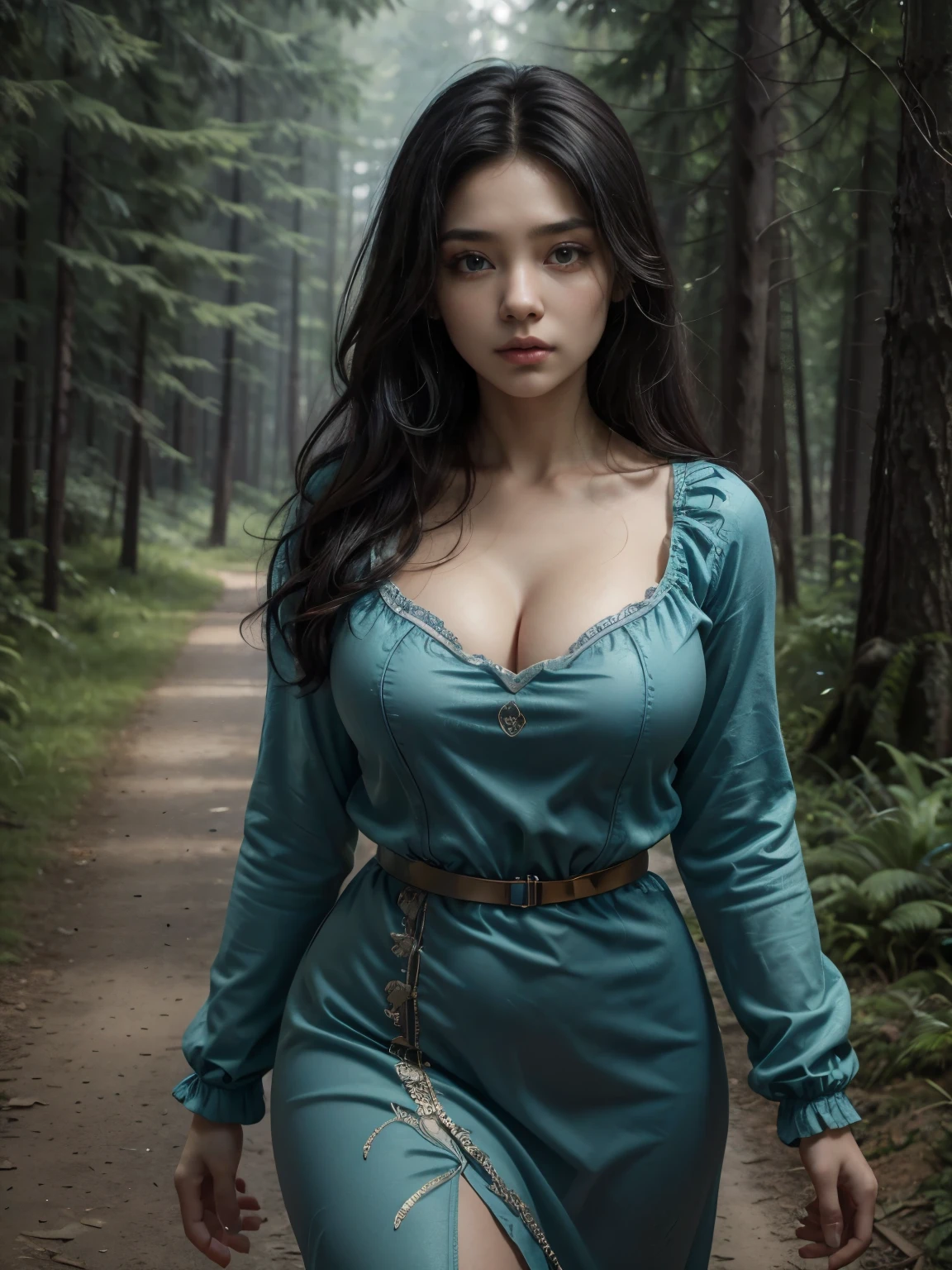 Best quality, masterpiece, Beautiful, young latina woman, looking straight at viewer, wearing blue gown, open green jacket on top, walking on forest path, professionalism, teen age, detailed face, detailed body, symmetric face, big cute eyes, cute face, dynamic pose, tattooed hands, deep cleavage, perfect anatomy, photorealistic, curvy body, black braid hair, 8k, ultra realistic, foggy forest background, wide desktop wallpaper, ambient occlusion