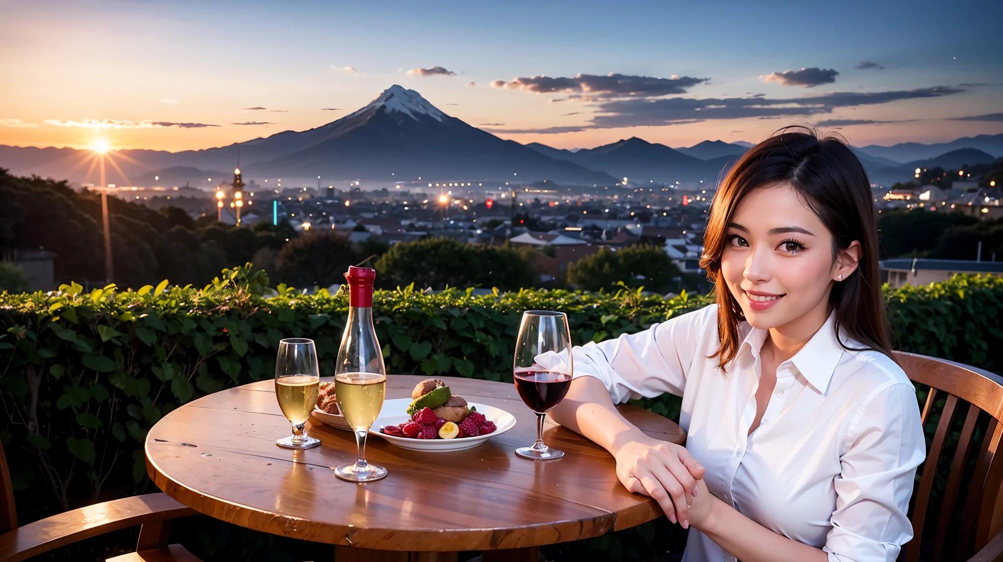 K, Hmm, highest quality, masterpiece: 1.2), (realistic, photorealistic: 1.37), Spectacular view of the sunset sky and clouds、Amazing mountain views、ニコニコ明るいsmile、3 slim beauties, (slim face),Happy、 the best smile、Fox face、Berry Short、(because I'thin), (brown hair), (shortcut), long sleeve shirt、winter fashion、Colombian、Brazilian、Japanese、Dutch、German、Portuguese、Belgian、Italian、French,Champagne、sparkling wine、 (Squirting), (slim body), (brown hair), (shortcut), neat beauty、cheeks turn a little red, (42 years old), 38 years old, alone, A beautiful and detailed night view spreads out outside the window........, restaurant, wine glass is sitting, At night, in a prominent place (from the Upper body) nova frog style, actress, model, Upper body, White wine, slim, wine glass, Very beautiful night view, wine glass Put in the Middle, Happy smile, (smile: 1.15),