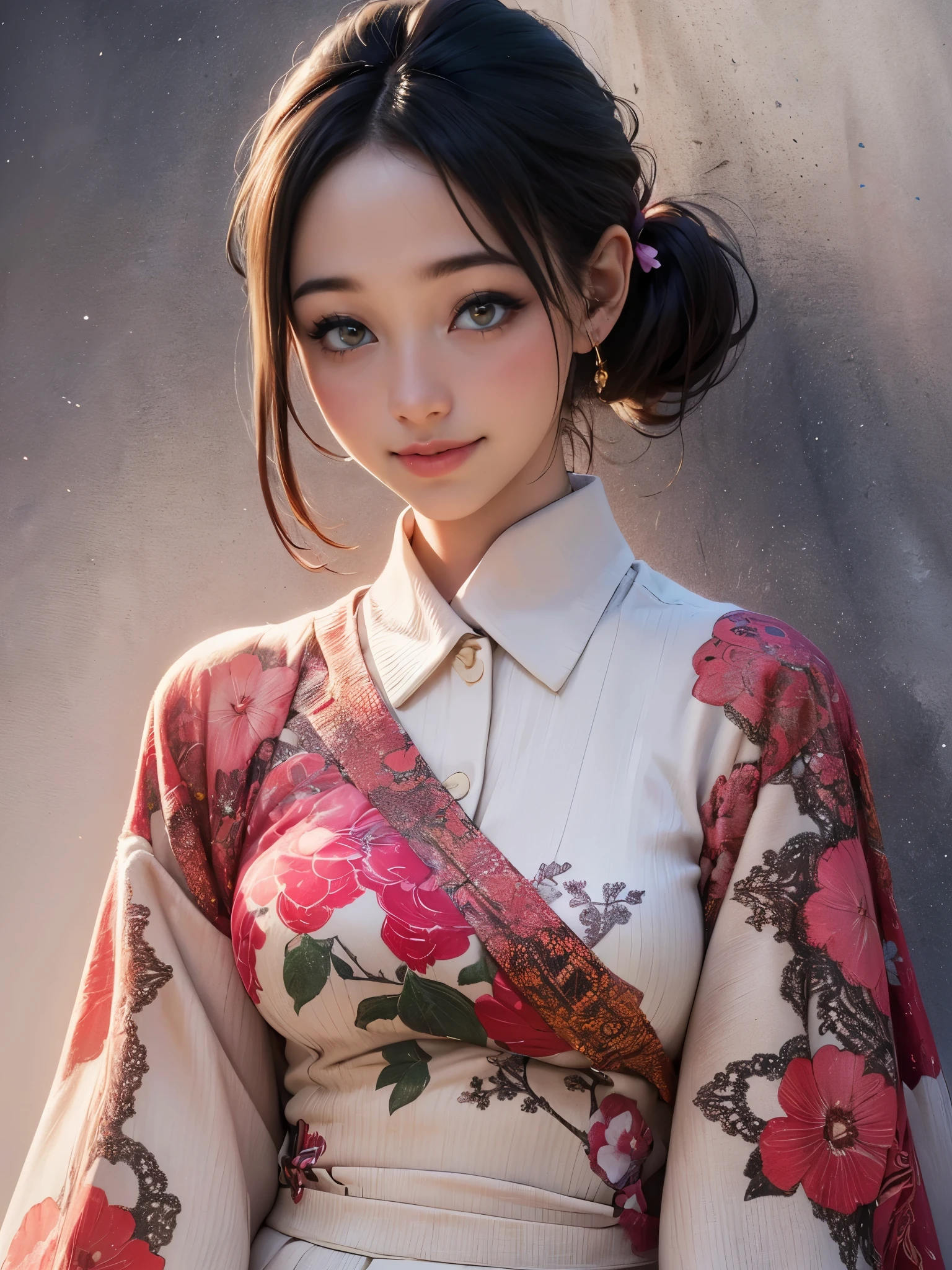 (highest quality, 8k, High resolution, realistic:2.0), (((alone, one girl)))、I am Japanese、cute idol、singer、22 years old、Like an angel in a white dress、 use pink glossy lipstick,eye swelling、(girl with big beady eyes:1.5)、((round face, smile, big breasts,big ass))、flushed complexion、Cute whole body pose、ponytail、