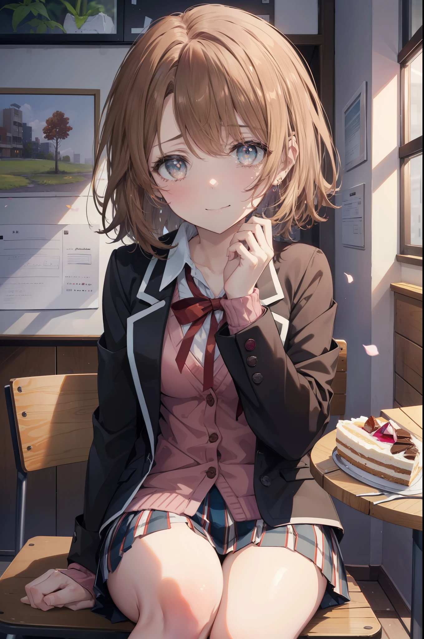 irohaisshiki, Isshiki Iroha, short hair, light brown hair, (brown ruby eyes:1.5), smile,tears run down her face,tears of joy、I cry a lot、break skirt, shirt, ribbon, , Jacket, white shirt, open clothes, socks, open Jacket, black Jacket, plaid, knee high, plaid skirt, blazer, cardigan, black socks, pink cardigan,Cake Buffet, the room is expensive ,birthday,There is a birthday cake on the table,sitting in a chair,confetti,
break indoors,coffee shop ,
break looking at viewer,
break (masterpiece:1.2), highest quality, High resolution, unity 8k wallpaper, (shape:0.8), (beautiful and detailed eyes:1.6), highly detailed face, perfect lighting, Very detailed CG, (perfect hands, perfect anatomy),