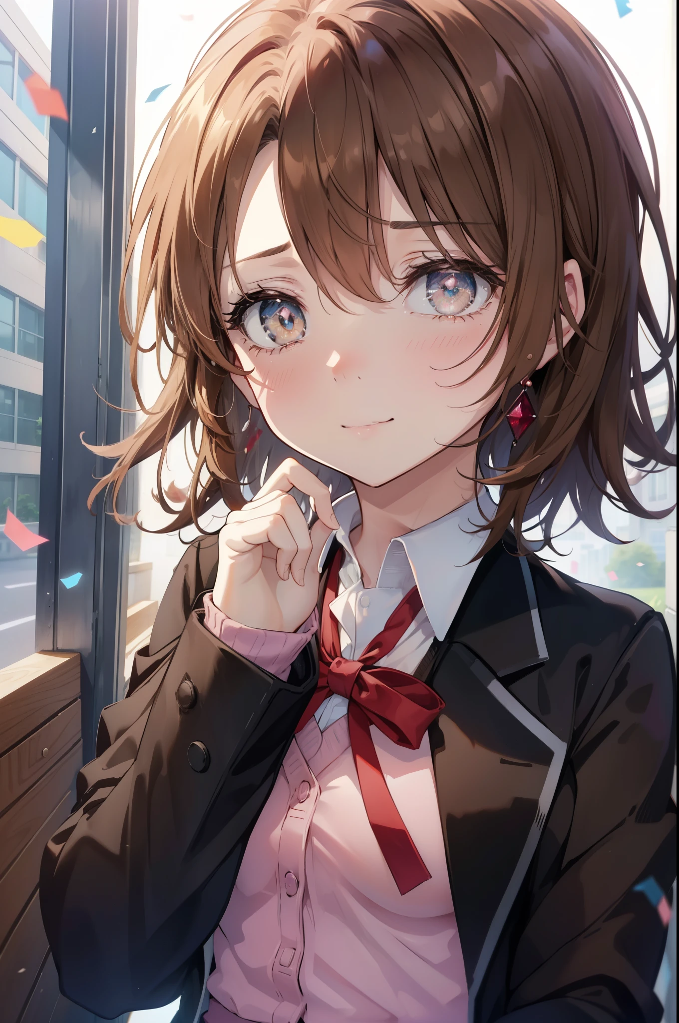 irohaisshiki, Isshiki Iroha, short hair, light brown hair, (brown ruby eyes:1.5), smile,tears run down her face,tears of joy、I cry a lot、break skirt, shirt, ribbon, , Jacket, white shirt, open clothes, socks, open Jacket, black Jacket, plaid, knee high, plaid skirt, blazer, cardigan, black socks, pink cardigan,Cake Buffet, the room is expensive ,birthday,There is a birthday cake on the table,sitting in a chair,confetti,
break indoors,coffee shop ,
break looking at viewer,
break (masterpiece:1.2), highest quality, High resolution, unity 8k wallpaper, (shape:0.8), (beautiful and detailed eyes:1.6), highly detailed face, perfect lighting, Very detailed CG, (perfect hands, perfect anatomy),