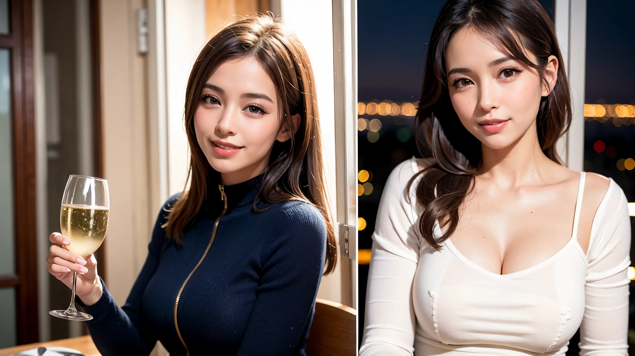 K, Hmm, highest quality, masterpiece: 1.2), (realistic, photorealistic: 1.37), Spectacular view of the sunset sky and clouds、Amazing mountain views、ニコニコ明るいsmile、3 slim beauties, (slim face),Happy、 the best smile、Fox face、Berry Short、(because I'thin), (brown hair), (shortcut), long sleeve shirt、winter fashion、Colombian、Brazilian、Japanese、Dutch、German、Portuguese、Belgian、Italian、French,Champagne、sparkling wine、 (Squirting), (slim body), (brown hair), (shortcut), neat beauty、cheeks turn a little red, (42 years old), 38 years old, alone, A beautiful and detailed night view spreads out outside the window......., restaurant, wine glass is sitting, At night, in a prominent place (from the Upper body) nova frog style, actress, model, Upper body, White wine, slim, wine glass, Very beautiful night view, wine glass Put in the Middle, Happy smile, (smile: 1.15),