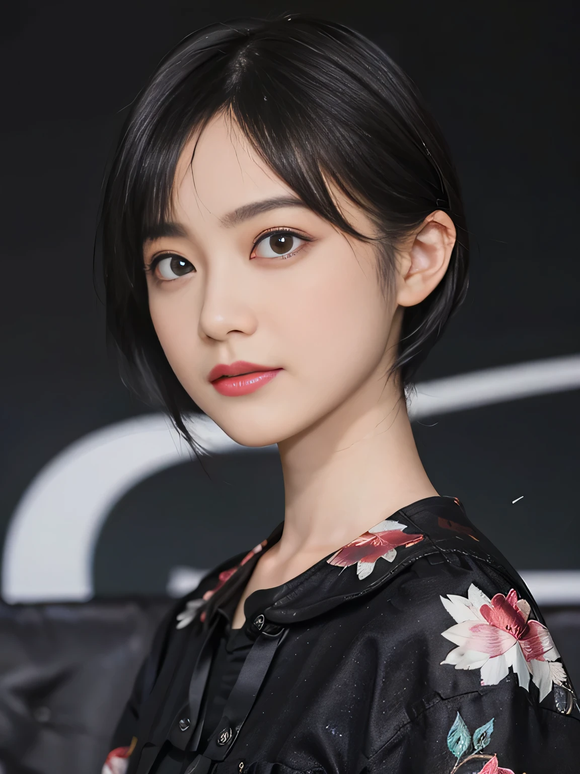 ((1 female)),  (((black short hair))), （Masseter muscle part：1,3）、highest quality、masterpiece、High resolution、original、highly detailed wallpaper、jeans、big ribbon, small face、((chest bulge))、(Graphic T-shirt with animal characters printed on it)、(light shines on your face)、Live-action style, beautiful features, dark room, full shot, full length