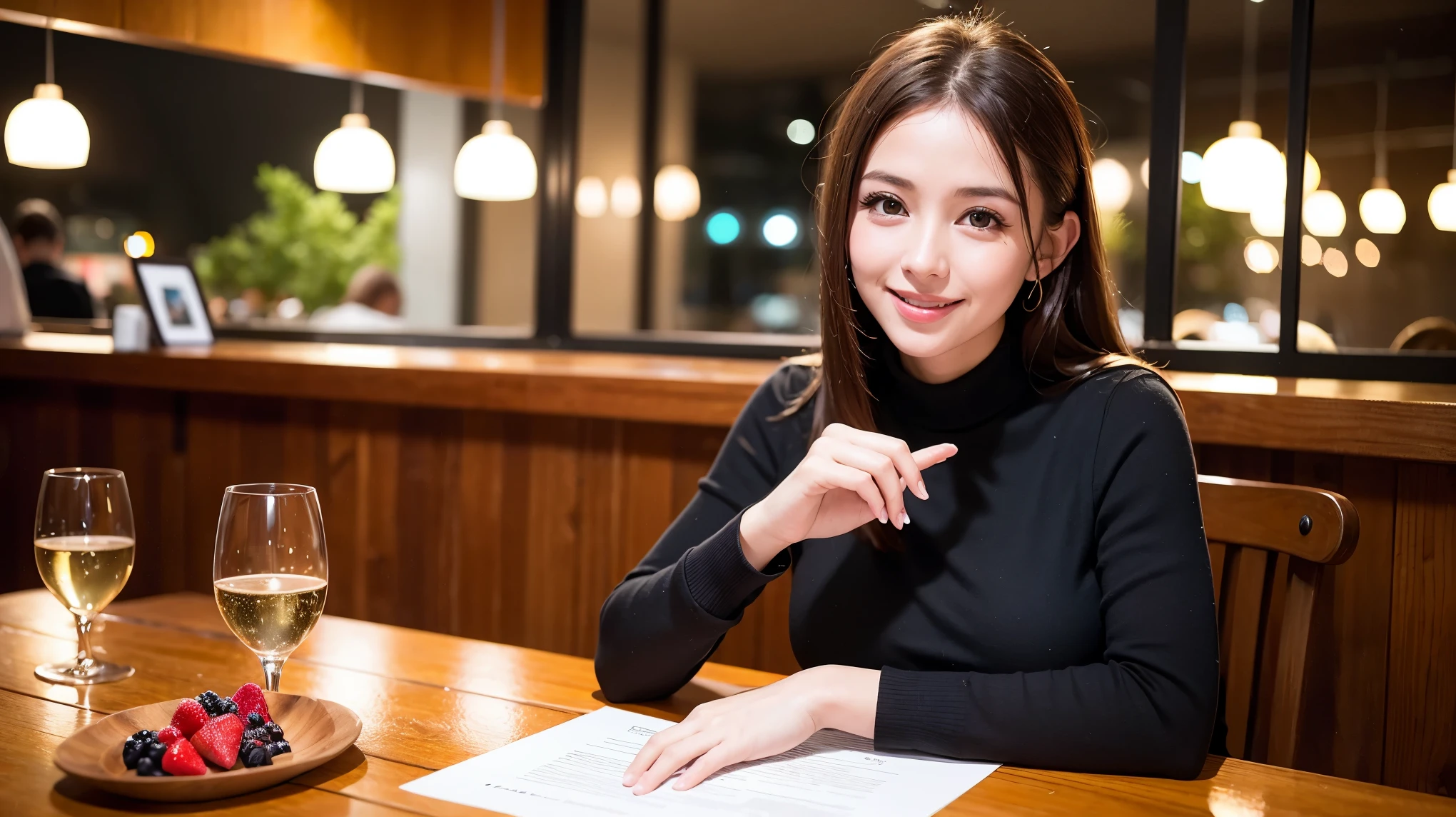 K, Hmm, highest quality, masterpiece: 1.2), (realistic, photorealistic: 1.37), Spectacular view of the sunset sky and clouds、Amazing mountain views、ニコニコ明るいsmile、3 slim beauties, (slim face),Happy、 the best smile、Fox face、Berry Short、(because I'thin), (brown hair), (shortcut), long sleeve shirt、winter fashion、Colombian、Brazilian、Japanese、Dutch、German、Portuguese、Belgian、Italian、French,Champagne、sparkling wine、 (Squirting), (slim body), (brown hair), (shortcut), neat beauty、cheeks turn a little red, (42 years old), 38 years old, alone, A beautiful and detailed night view spreads out outside the window......., restaurant, wine glass is sitting, At night, in a prominent place (from the Upper body) nova frog style, actress, model, Upper body, White wine, slim, wine glass, Very beautiful night view, wine glass Put in the Middle, Happy smile, (smile: 1.15),