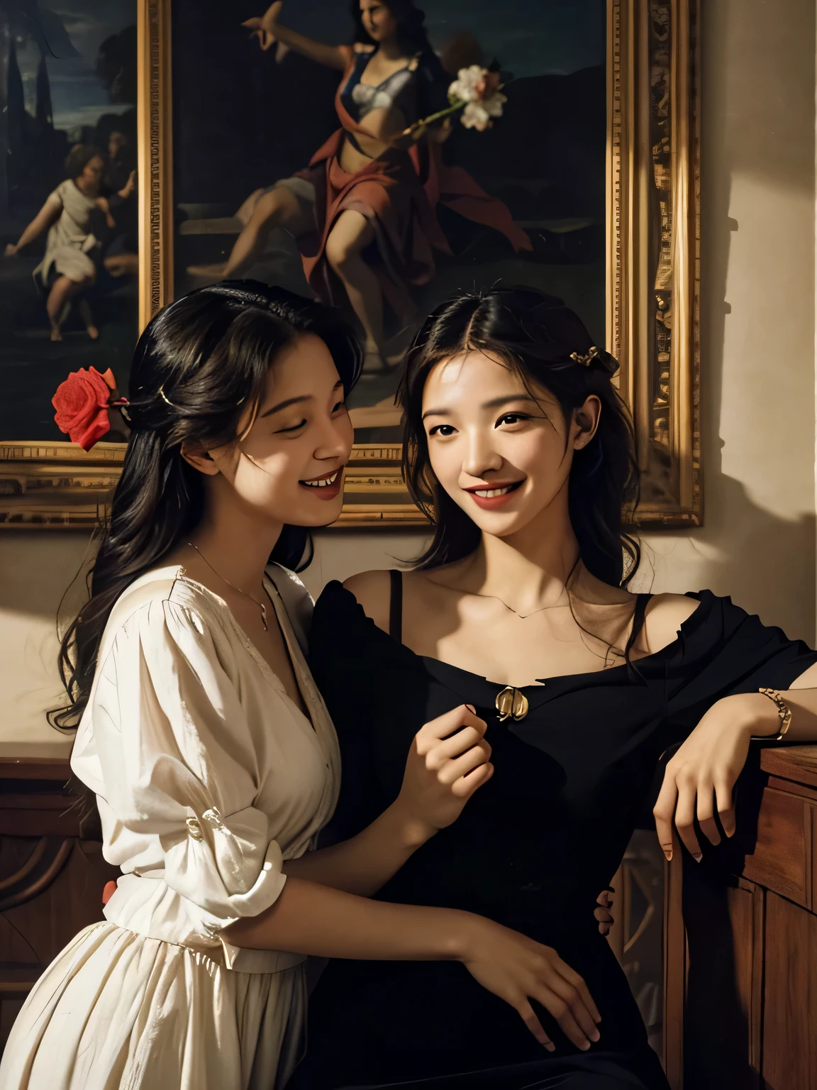 Giorgione painting style,Arguments of two female Philosophe,math、astronomical machine、astronaut、roses in vase、fruits、Cute trinkets、smile、ancient greek costume、Ancient Roman landscape in the style of Nicolas Poussin,laughter,,Sweet and seductive appearance.、Caravaggio's paintings、Chiaroscuro of Caravaggio、hair tousled by the wind,Two women frolicking,cute smile, expression of ecstasy,Sexy,erotic