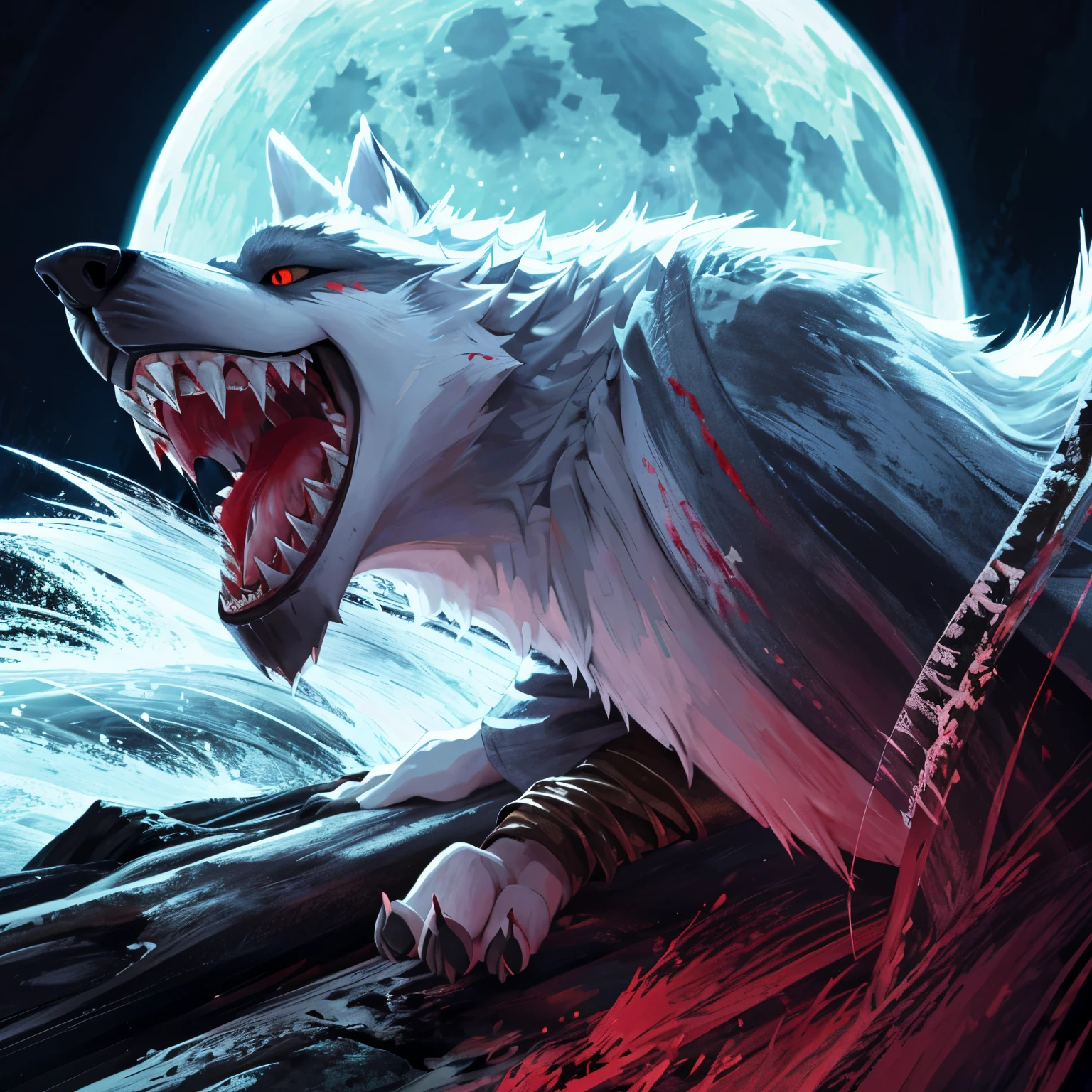 Bloodthirsty Wolf, Jaws agape, Foaming at the mouth, Piercing eyes, Moonlit forest, Howling in the wind, Tail swaying, Fangs bared, Muscles taut, Hunting prey, Paws stained with blood, Covered in fur, Realistic CGI, Hyper Realistic, Detailed textures, Sharp focus, Cinematic lighting.
