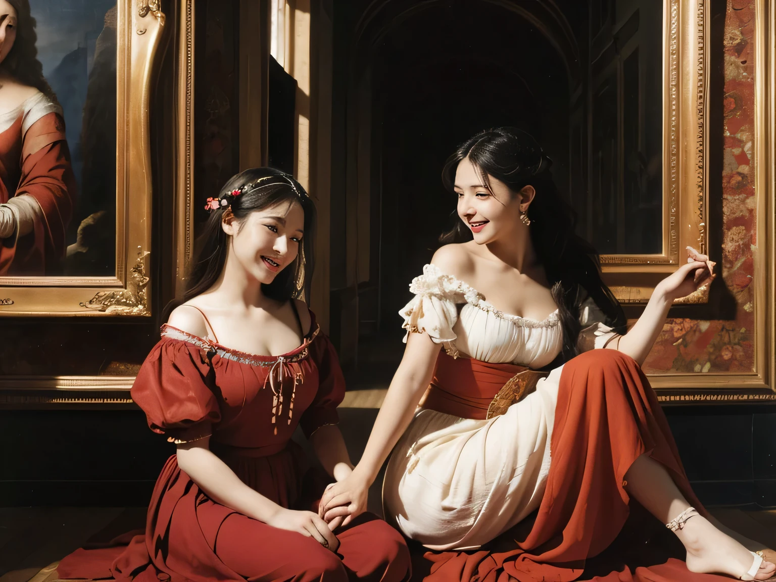 Giorgione painting style,Arguments of two female Philosophe,math、astronomical machine、astronaut、roses in vase、fruits、Cute trinkets、smile、ancient greek costume、Ancient Roman landscape in the style of Nicolas Poussin,laughter,,Sweet and seductive appearance.、Caravaggio's paintings、Chiaroscuro of Caravaggio、hair tousled by the wind,Two women frolicking,cute smile, expression of ecstasy,Sexy,erotic