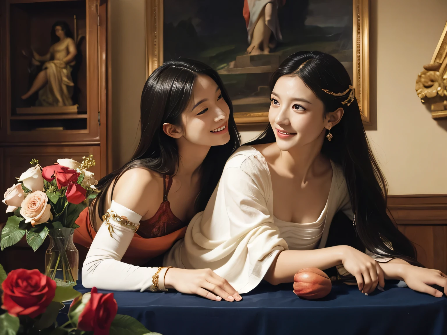 Giorgione painting style,Arguments of two female Philosophe,math、astronomical machine、astronaut、roses in vase、fruits、Cute trinkets、smile、ancient greek costume、Ancient Roman landscape in the style of Nicolas Poussin,laughter,,Sweet and seductive appearance.、Caravaggio's paintings、Chiaroscuro of Caravaggio、hair tousled by the wind,Two women frolicking,cute smile, expression of ecstasy,Sexy,erotic