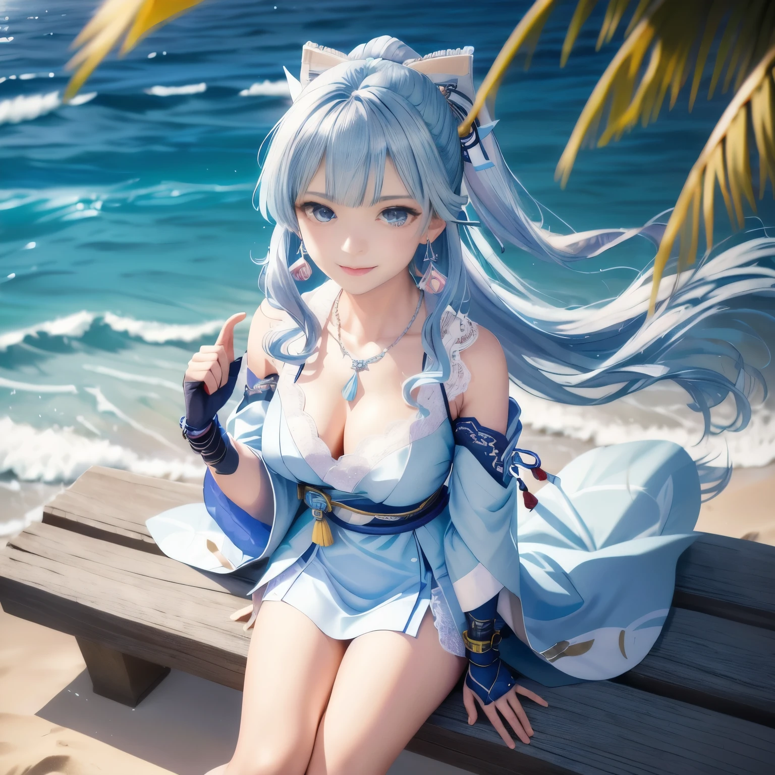 high angle,from above,(1girl),solo,(Kamisato Ayaka in Genshin Impact), cleavage,katana,kabuto,kimono,ribbon,((masterpiece, highest resolution,best quality)), (beautiful illustration),(semi long beautiful silver blue hair),(beautiful blue eyes),(flat sitting in the sea),
 
innocent smile, white over-kneehighs,Lace chalker, wristband, fingerless gloves, over-kneehighs,
Lace chalker, diamond necklace,wristband, fingerless gloves, earrings, windy,cinematic lighting, beach, sand, blue sky, waves, coconut tree,