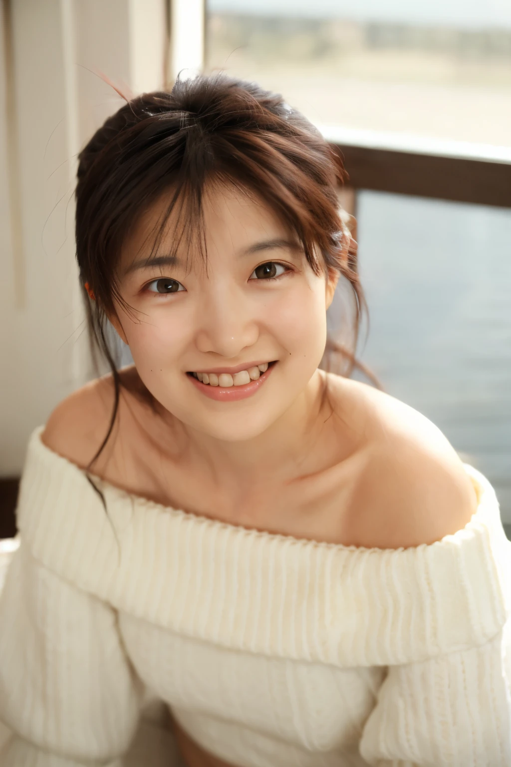 realistic portrait, detailed eyes, detailed face, off-shoulder white sweater, smile for camera