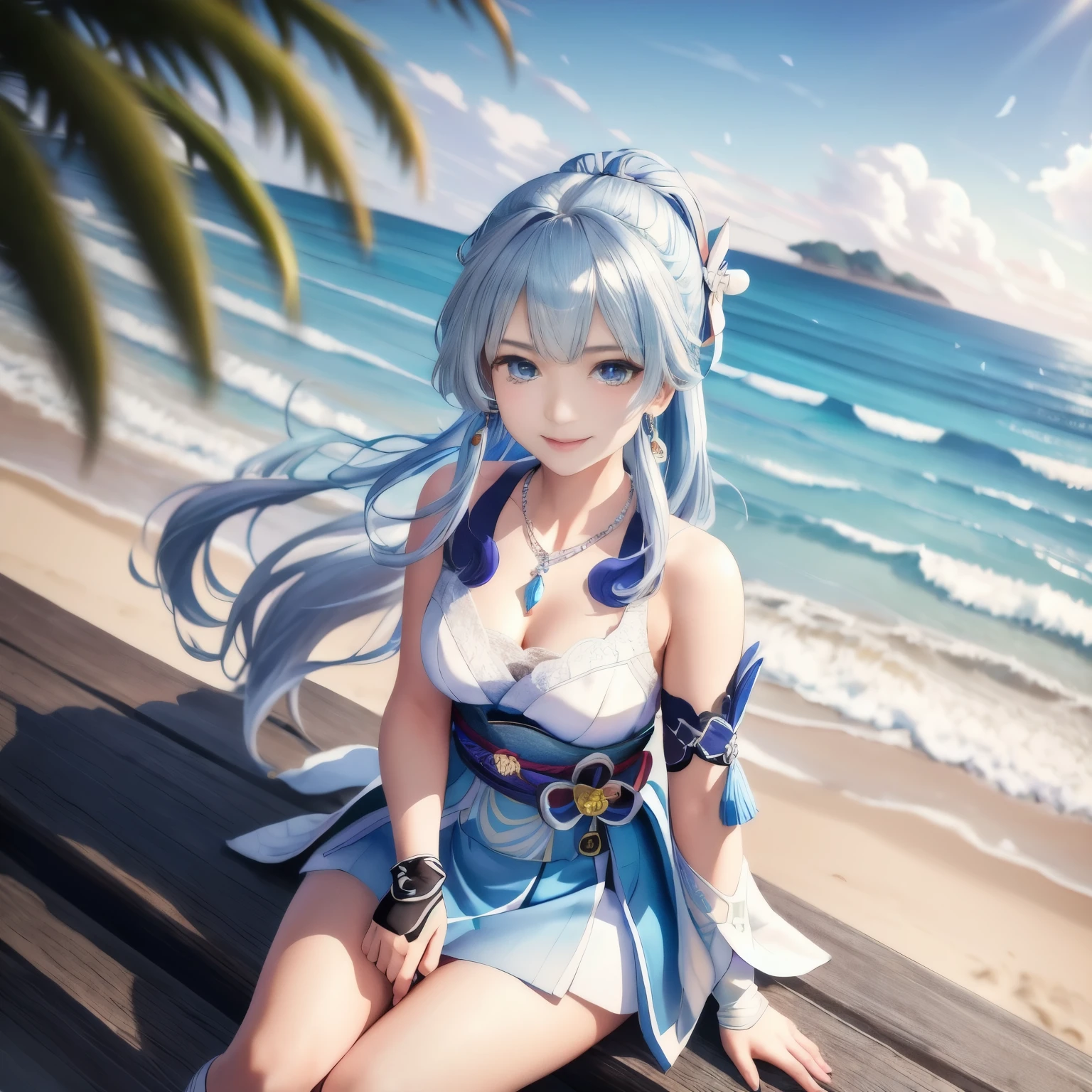 high angle,from above,(1girl),solo,(Kamisato Ayaka in Genshin Impact), cleavage,katana,kabuto,kimono,ribbon,((masterpiece, highest resolution,best quality)), (beautiful illustration),(semi long beautiful silver blue hair),(beautiful blue eyes),(flat sitting in the sea),
innocent smile, white over-kneehighs,Lace chalker, wristband, fingerless gloves, over-kneehighs,
Lace chalker, diamond necklace,wristband, fingerless gloves, earrings, windy,cinematic lighting, beach, sand, blue sky, waves, coconut tree,