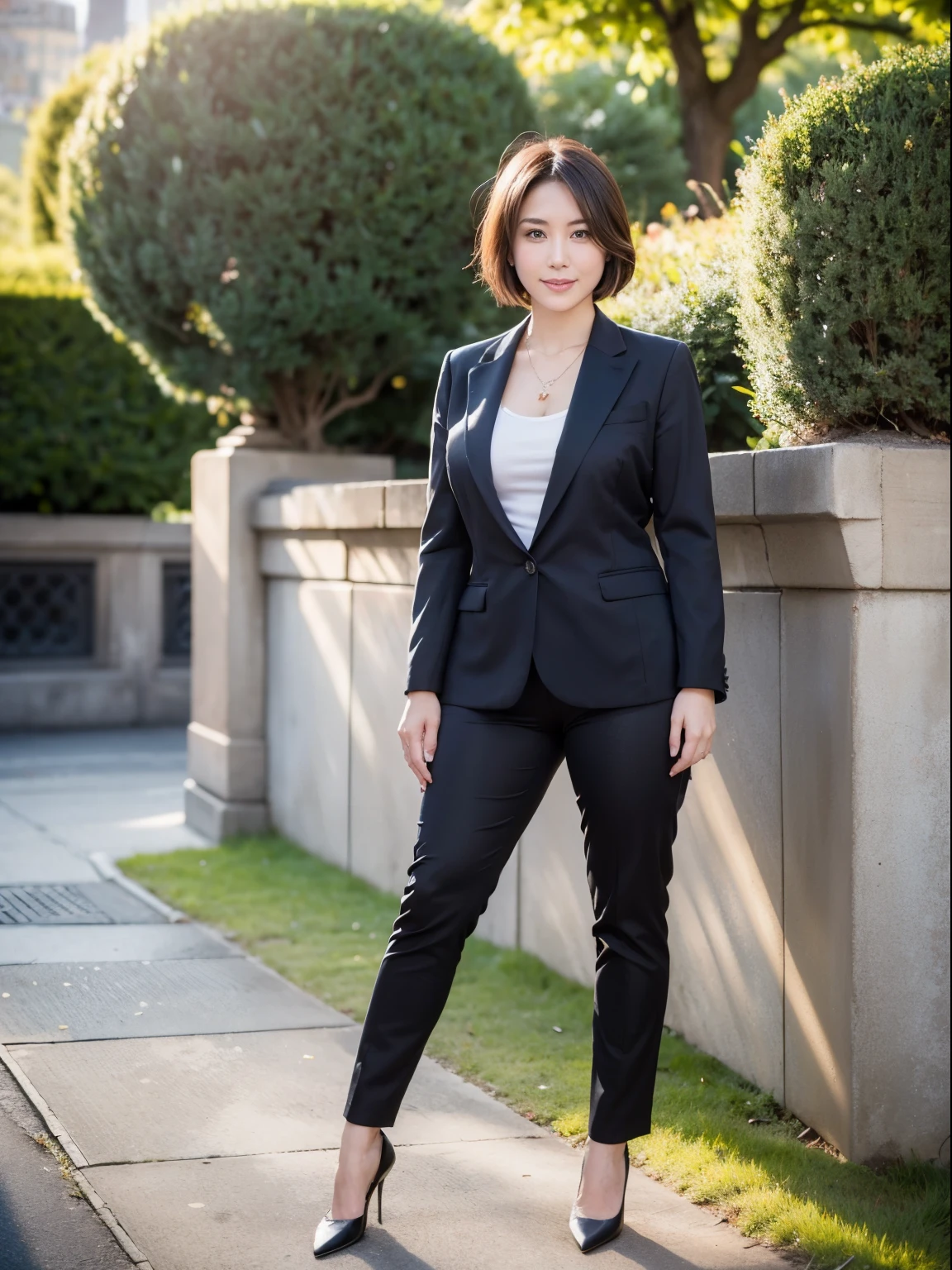 (Raw photo:1.2), (realistic:1.4),beautiful detailed woman,非常にfine eyesと顔, fine eyes, Super detailed,High resolution, very detailed,highest quality,enlightenment,unified,8k wallpaper,masterpiece,highest quality,1 female,alone,rich,Full body Esbian,Slightly chubby body type,toned body shape,There'leg meat,slim waist,alone,(suit,気質suit,high heels),jewelry, necklace ,short hair,gentle smile,dignified atmosphere,black eye,realistic,central park , (morning park:1.1),(standing upright:1.4)