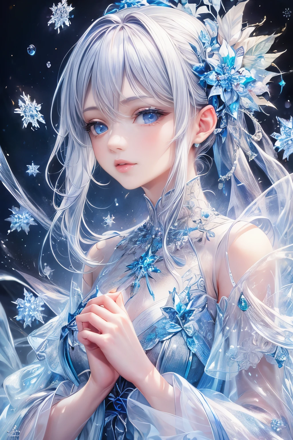 (highest quality:1.4), (masterpiece:1.4), ultra high resolution, 8K, cg, exquisite, Upper body, Lonely, Thumbelina, little princess, Blue Taffeta Coat Dress, Snowflake background, detailed facial features, silver gray hair, almond shaped eyes, intricate eye makeup, long eyelashes, Gray eyes with a starry gaze, intricate lip details, soft and harmonious style.