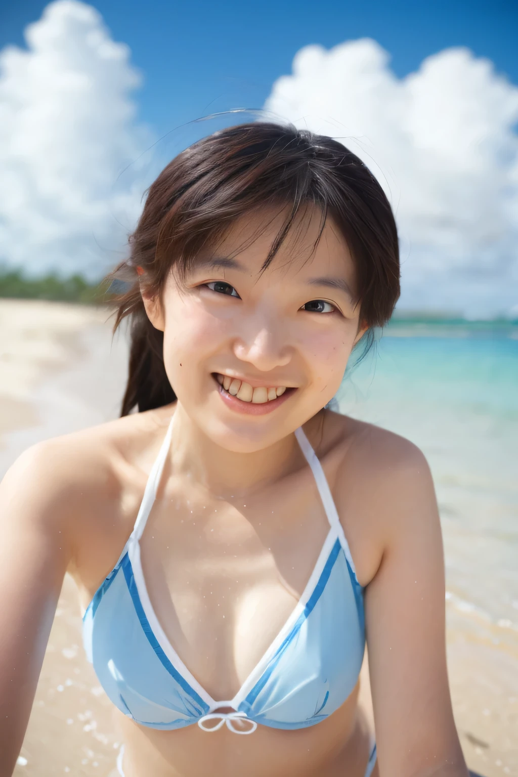 realistic portrait, detailed eyes, detailed face, white bikini, smile for camera, dynamic pose in beach, blue ocean, white sand , blue sky, palm trees, facing camera