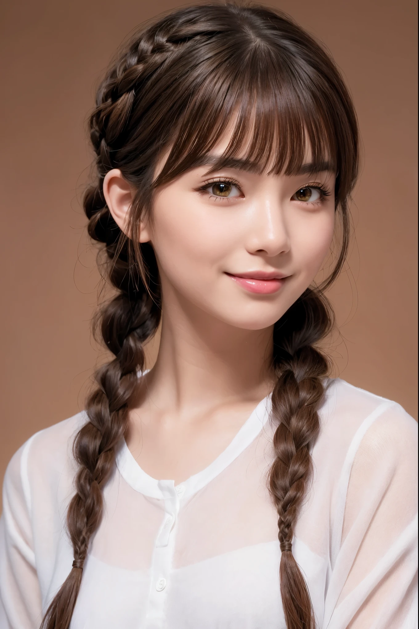 Realistic, masterpiece, highest quality, highest resolution, one japanese woman, A happy smile, beautiful detailed eyes, black eyes, thin eyebrows, Make your eyelashes delicate, false eyelashes, natural makeup, (braid hair, blunt bangs, brown hair:1.2), detailed face, He looks slightly to the side, but is always looking at the viewer., simple design red color shirt, upper body photo, portrait background, simple design accessories