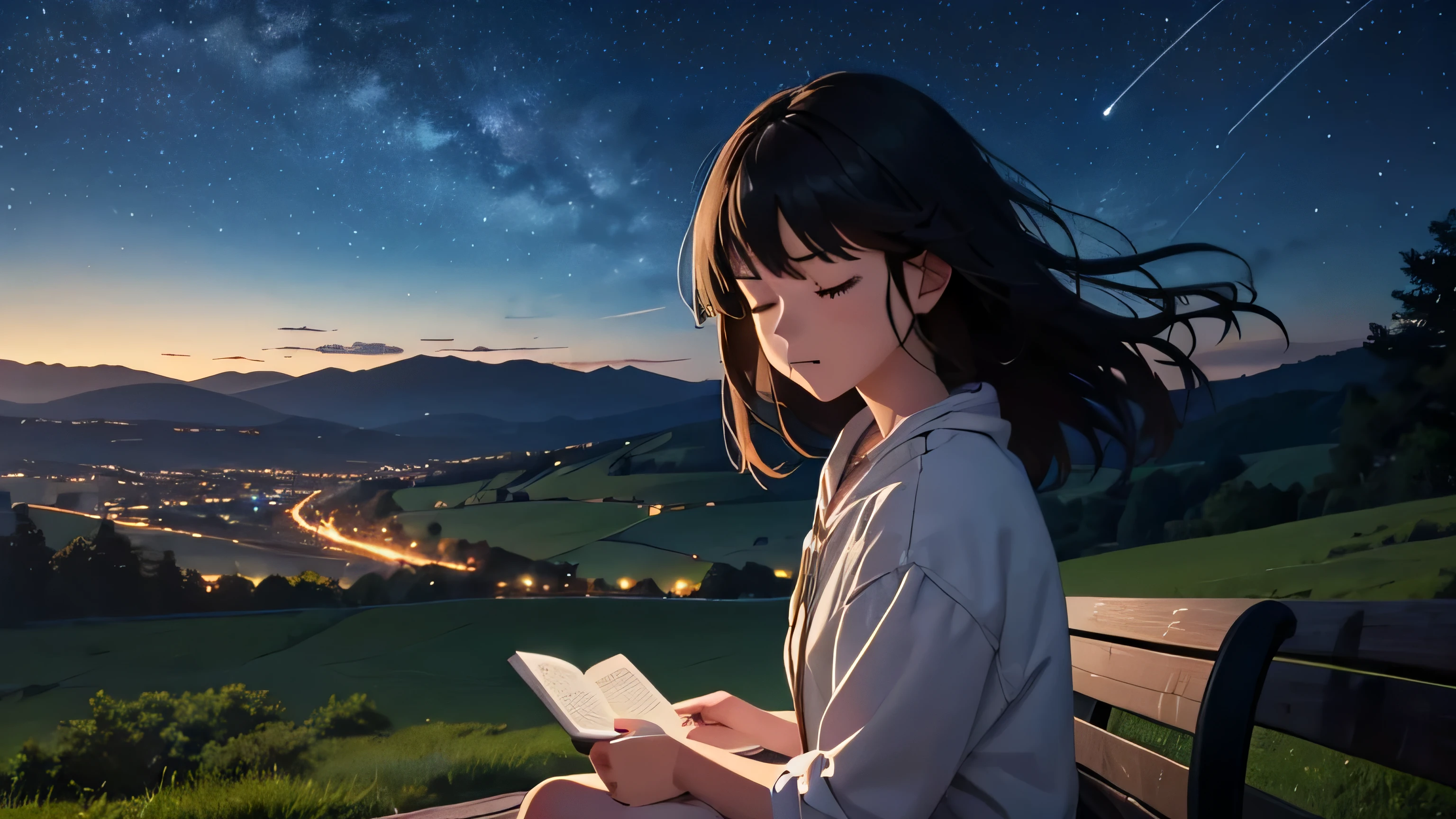 Generate an image of a girl with mid-length black hair, sitting alone on a park bench atop a small hill in a rural area, holding a book with her eyes closed. The lights of a countryside town are twinkling below, offering a view of its night scenery. Above, a starry sky is visible, and her hair is gently swaying in the wind.