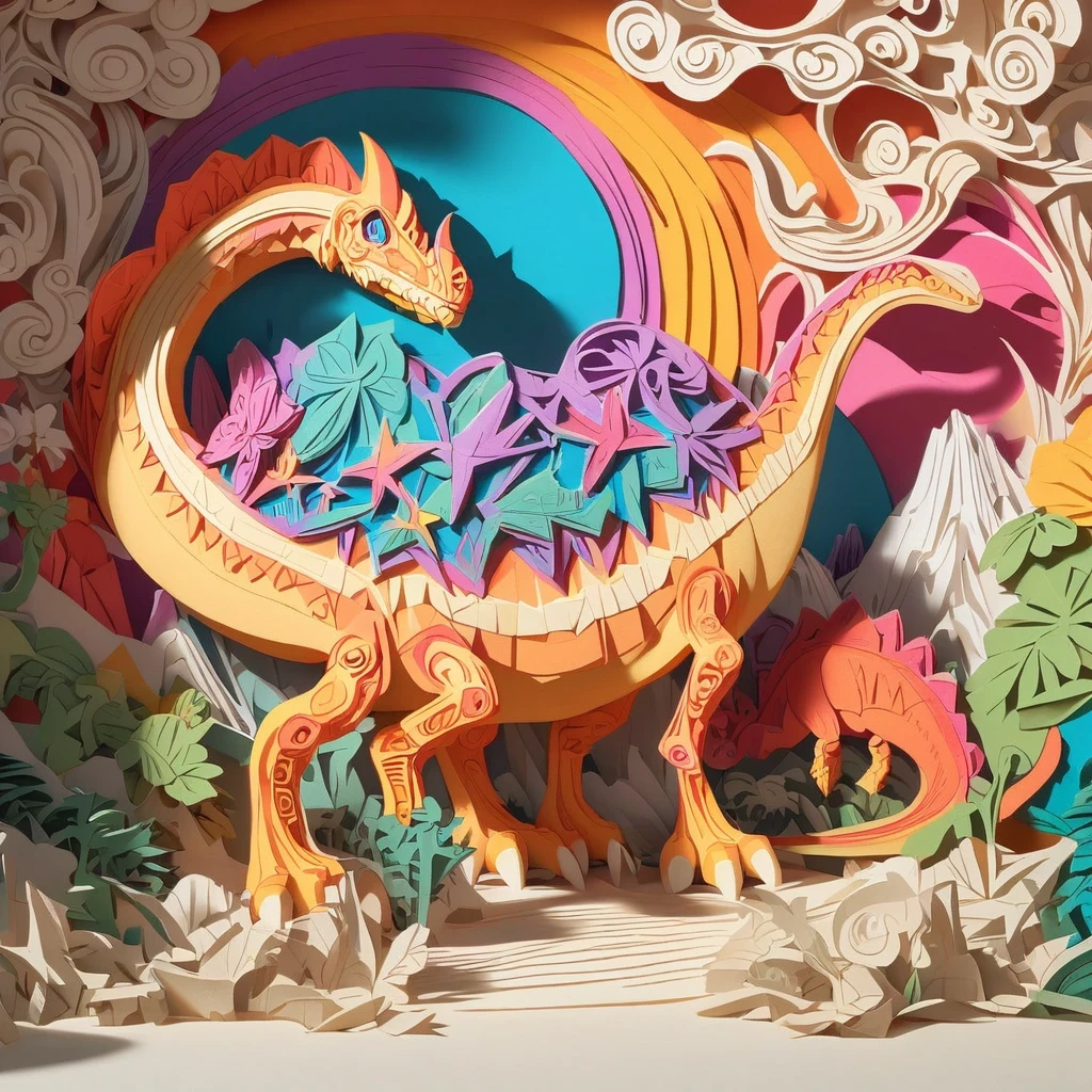 PaperCarving,(colorful:1.5),big Dinosaur, Clear,High contrast,