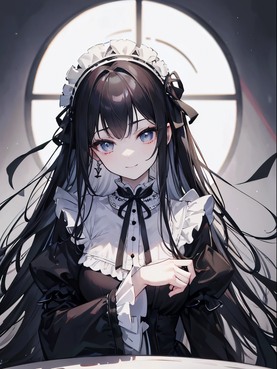 table top, highest quality, (perfect face:1.1), (high detail:1.1), (very detailed目), dramatic,  Ultra-fine illustration, very detailed, 1 girl, (pale skin), soft expression, Long black Hair, mysterious eyes, (thin eyebrows), {((smile))}, alone, long hair, swollen lips,cinematic lighting, looking at the viewer, cowboy shot, Gothic Lolita, frills, ribbon,headdress, black