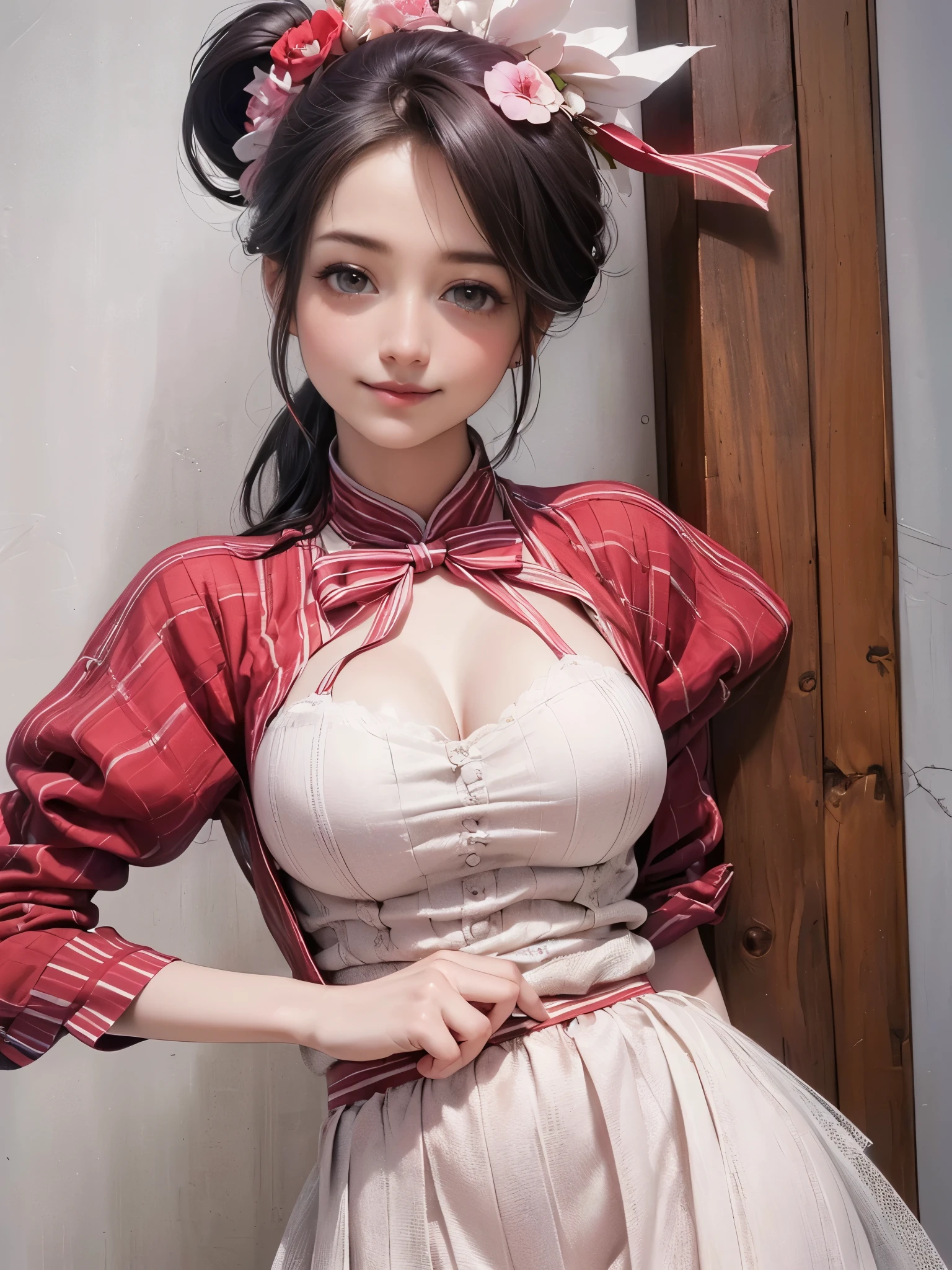 (highest quality, 8k, High resolution, realistic:2.0), (((alone, one girl)))、I am Japanese、cute idol、singer、22 years old、Like an angel in a white dress、 use pink glossy lipstick,eye swelling、(girl with big beady eyes:1.5)、((round face, smile, big breasts,big ))、flushed complexion、Cute whole body pose、ponytail、