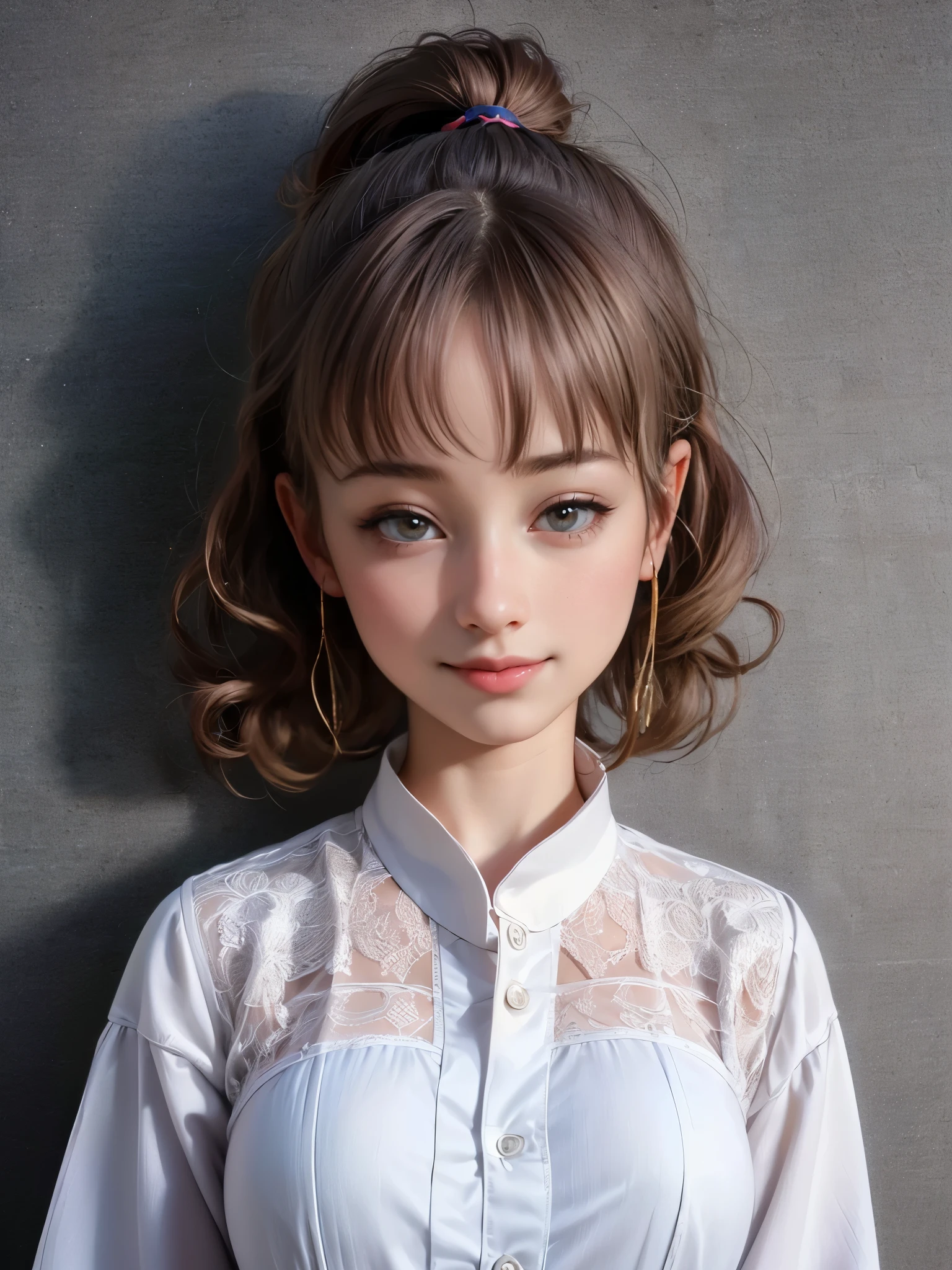 (highest quality, 8k, High resolution, realistic:2.0), (((alone, one girl)))、I am Japanese、cute idol、singer、22 years old、Like an angel in a white dress、 use pink glossy lipstick,eye swelling、(girl with big beady eyes:1.5)、((round face, smile, big breasts,big ))、flushed complexion、Cute whole body pose、ponytail、
