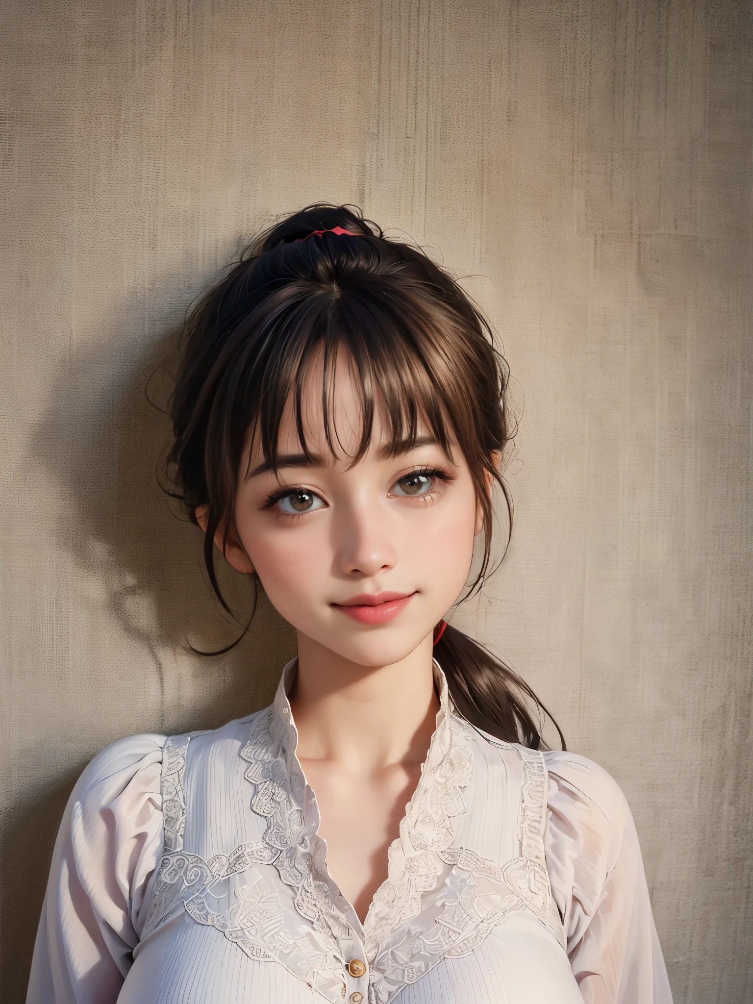 (highest quality, 8k, High resolution, realistic:2.0), (((alone, one girl)))、I am Japanese、cute idol、singer、22 years old、Like an angel in a white dress、 use pink glossy lipstick,eye swelling、(girl with big beady eyes:1.5)、((round face, smile, big breasts,big ))、flushed complexion、Cute whole body pose、ponytail、