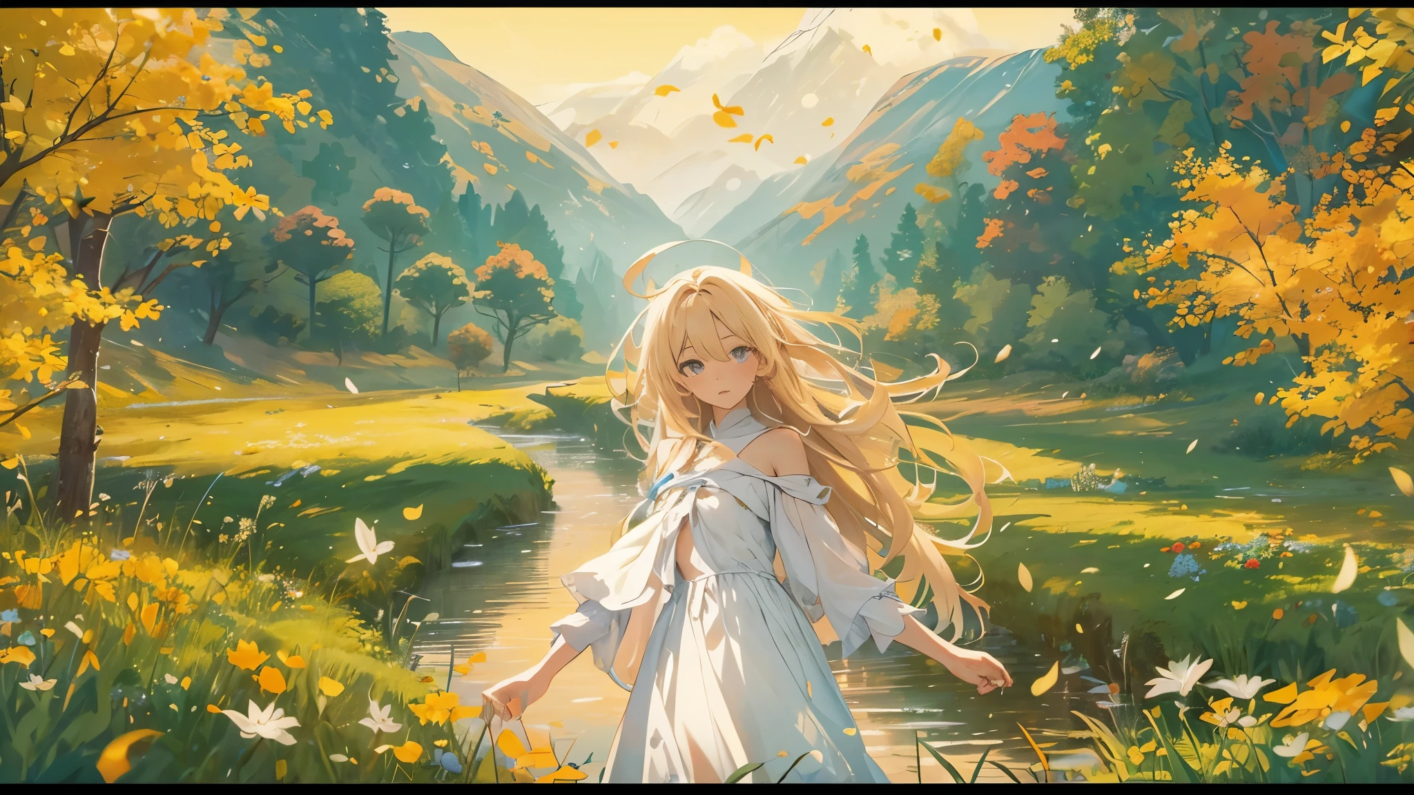 A woman with long blond hair stood on the grass covered with flowers., Long hair flowing in the wind, Wearing a white sleeveless dress，The skirt flies with the wind, leading a(Ibrahimovic).
BREAK With a loving expression, She guides them to their destination.
break behind her, An orange-yellow maple forest extends into the distance, Orange leaves fly with the wind, There is a clear river next to it, Mountains rise in the distance.