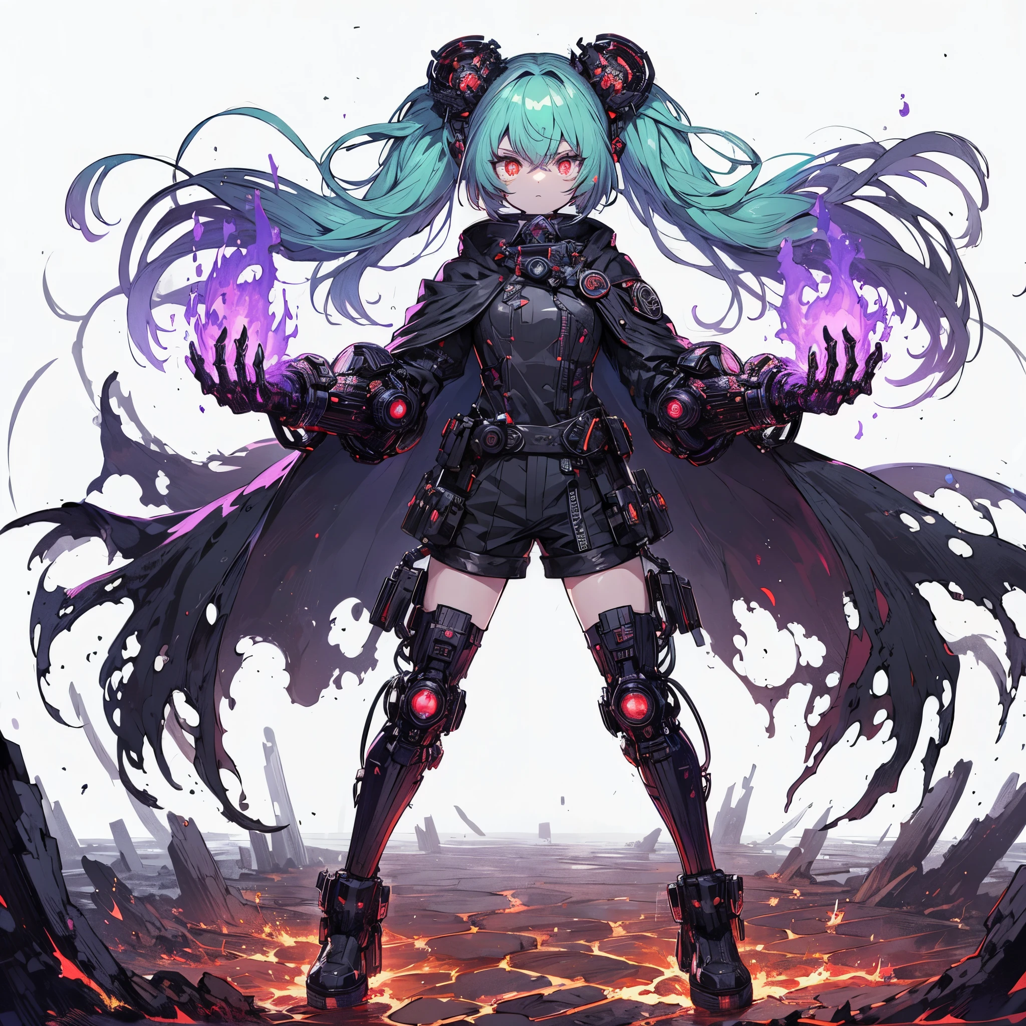 (masterpiece, Best Quality), (Perfect athlete body:1.2), (detailed hairs), Ultra-detailed, Anime style, Full body, cyberpunk Egge runner girl, burnt black mechanical limb, ((fists of black-purple flame)), Sea green two topknot hairstyle with red eyes, wearing raged cape and cyberpunk outfit. standing in burned earth, 8k high resolution, white background, whole-body, full-length view,
