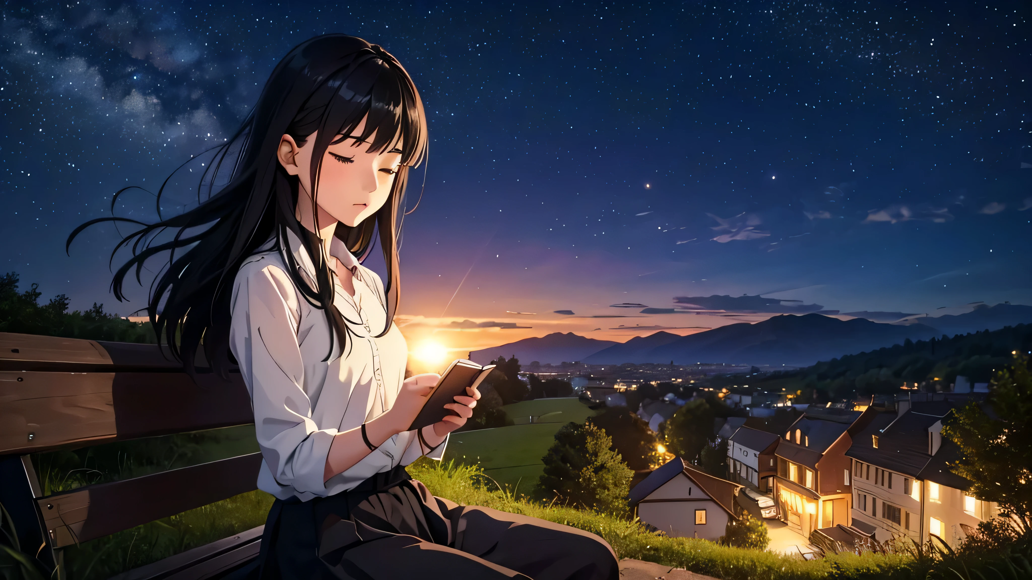 Generate an image of a girl with mid-length black hair and a calm expression, sitting alone on a park bench atop a small hill in a rural area, holding a book with her eyes closed. The lights of a countryside town are twinkling below, offering a view of its night scenery. Above, a starry sky is visible, and her hair is gently swaying in the wind.