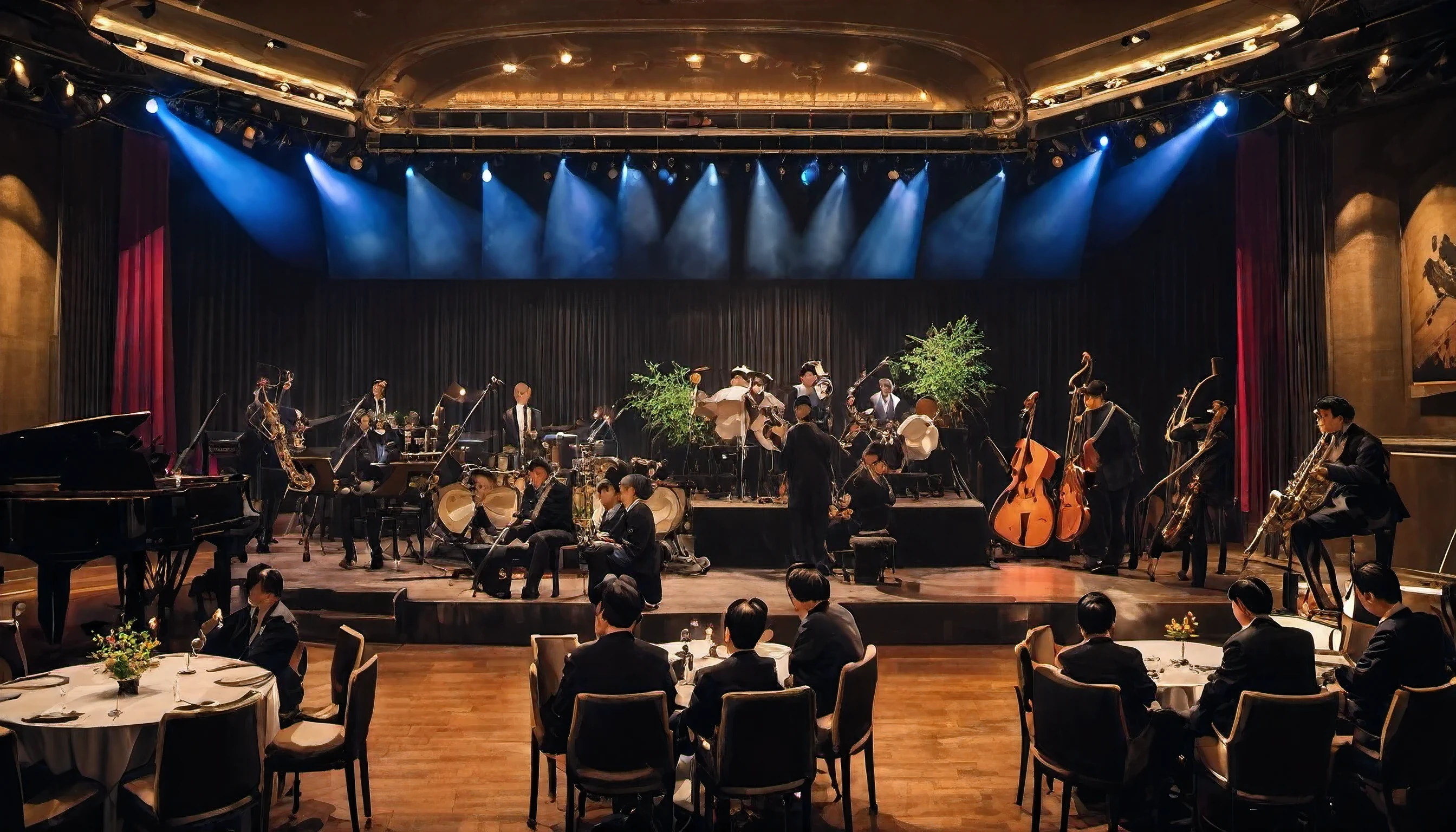 masterpiece、highest quality、stage、Lighting from the back、dim atmosphere、Live Jazz, Multiple players